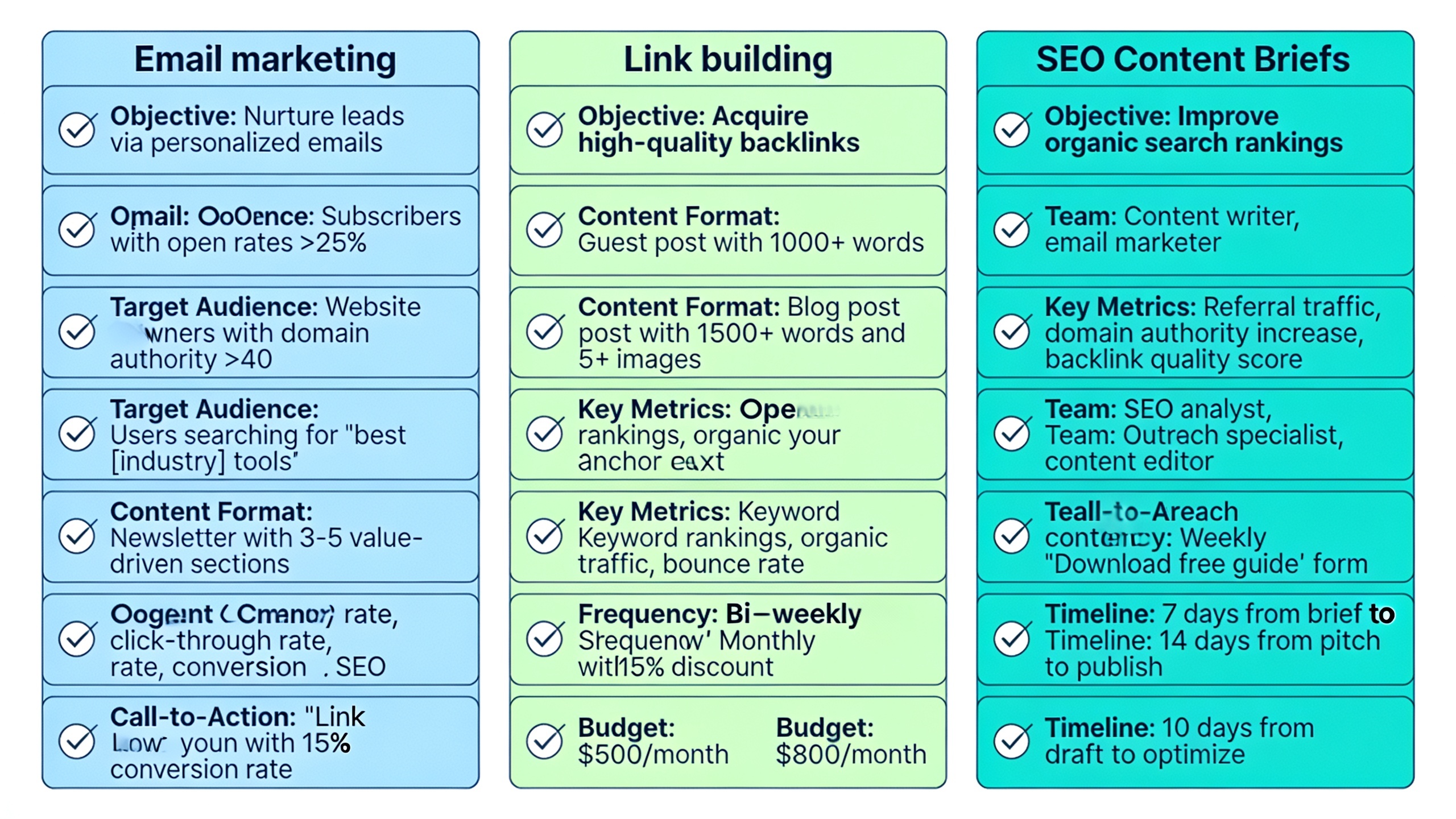Infographic showing three content briefs with identical structure but different topic inputs, demonstrating template consistency
