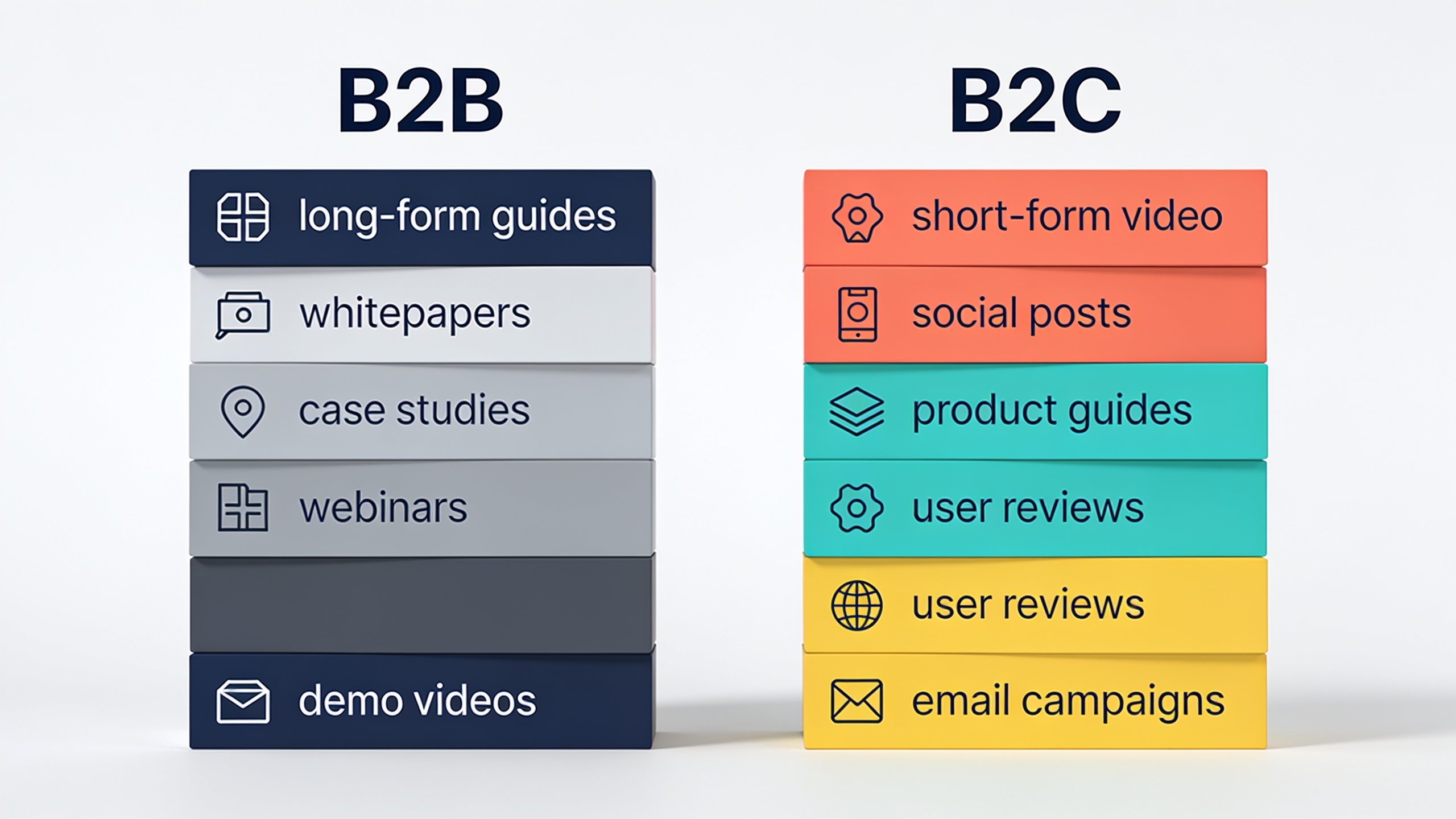 Content format comparison: B2B formats include guides and whitepapers, B2C formats include short video and social content