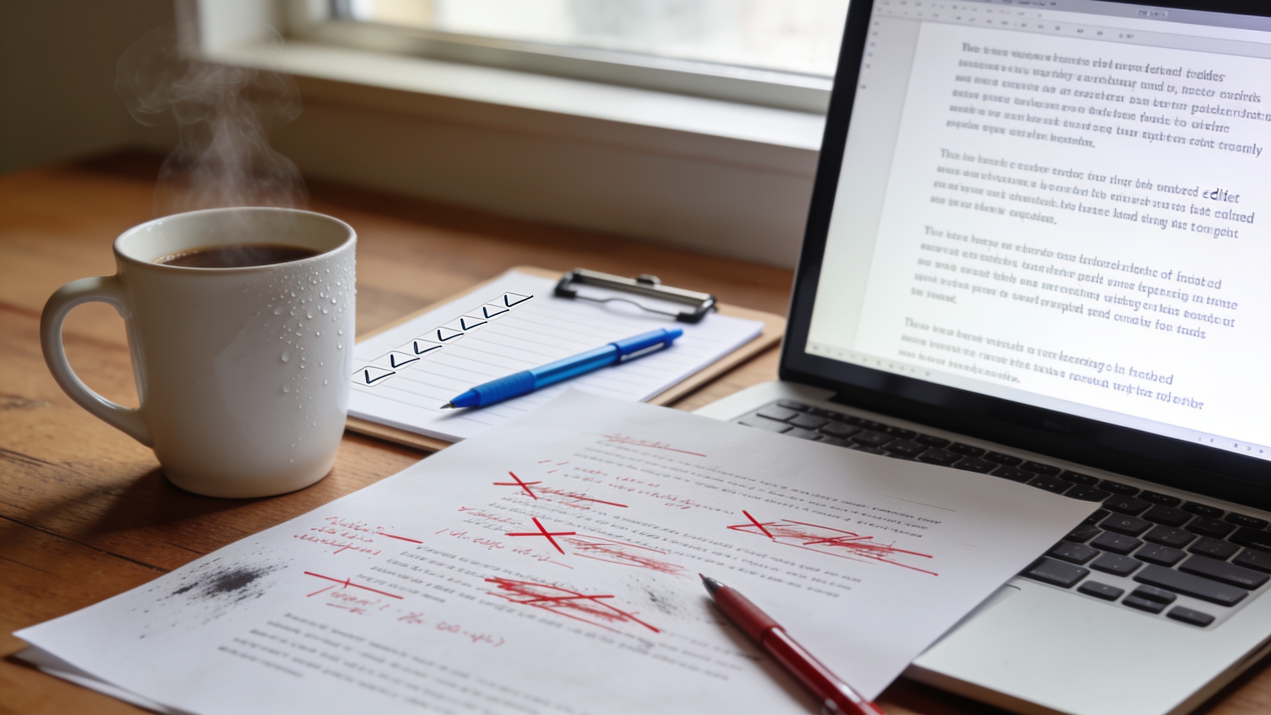 Editor's desk with marked-up draft, checklist, and editing workflow in progress
