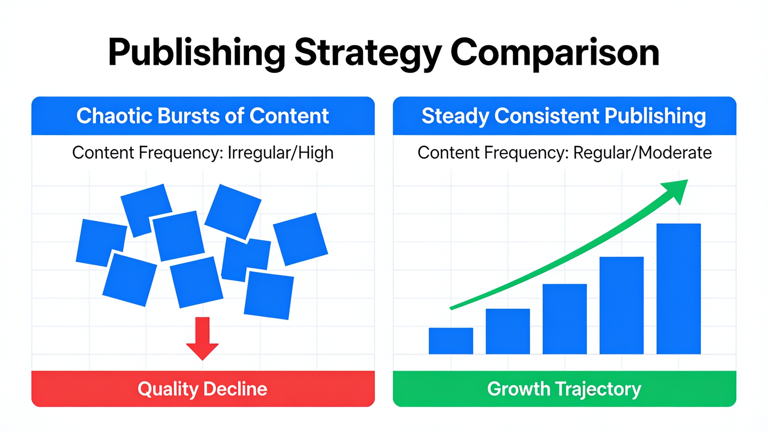 Comparison infographic of inconsistent versus consistent content publishing strategies and their impact on growth
