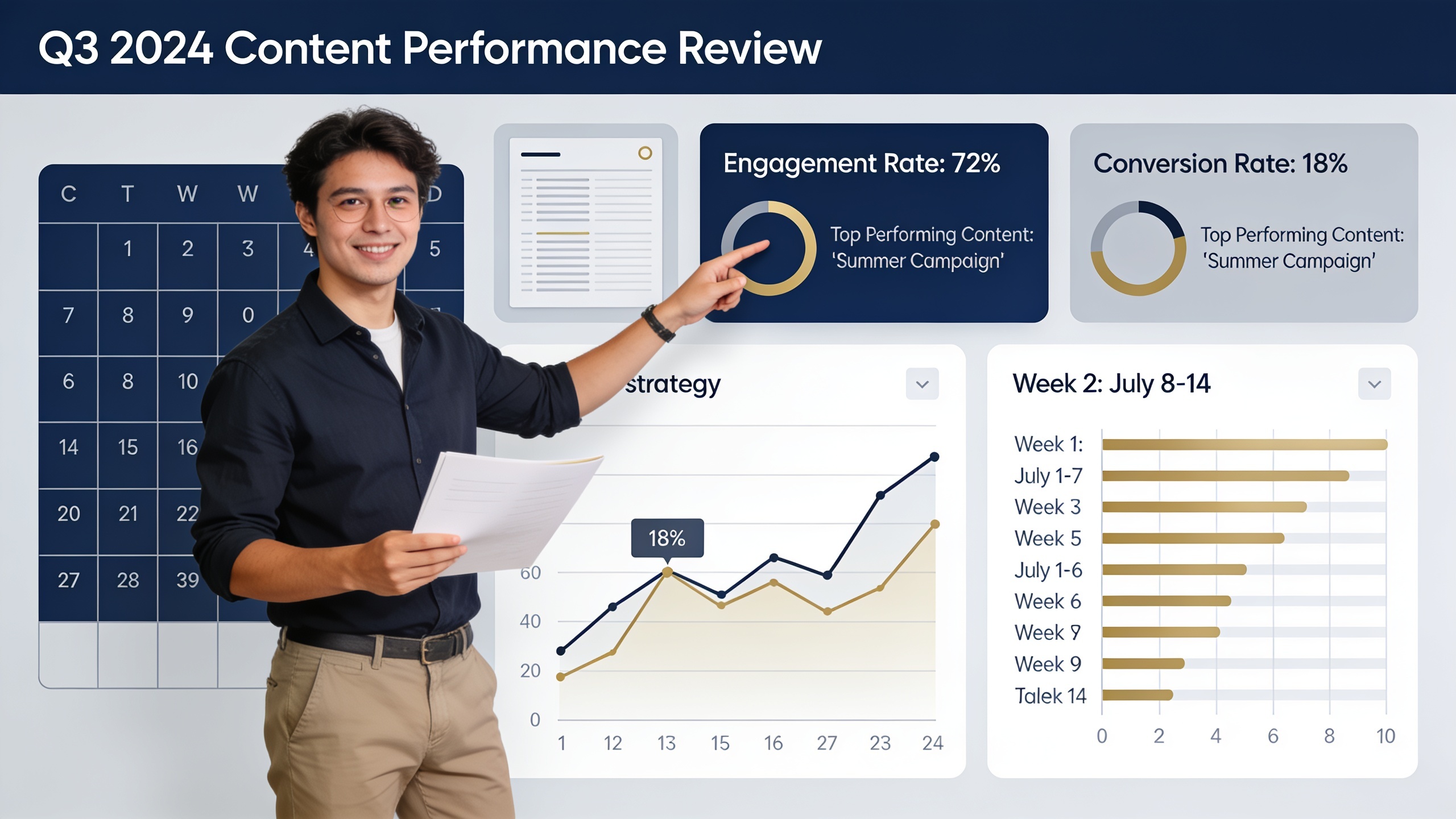 Quarterly content strategy review dashboard showing performance metrics and velocity adjustments