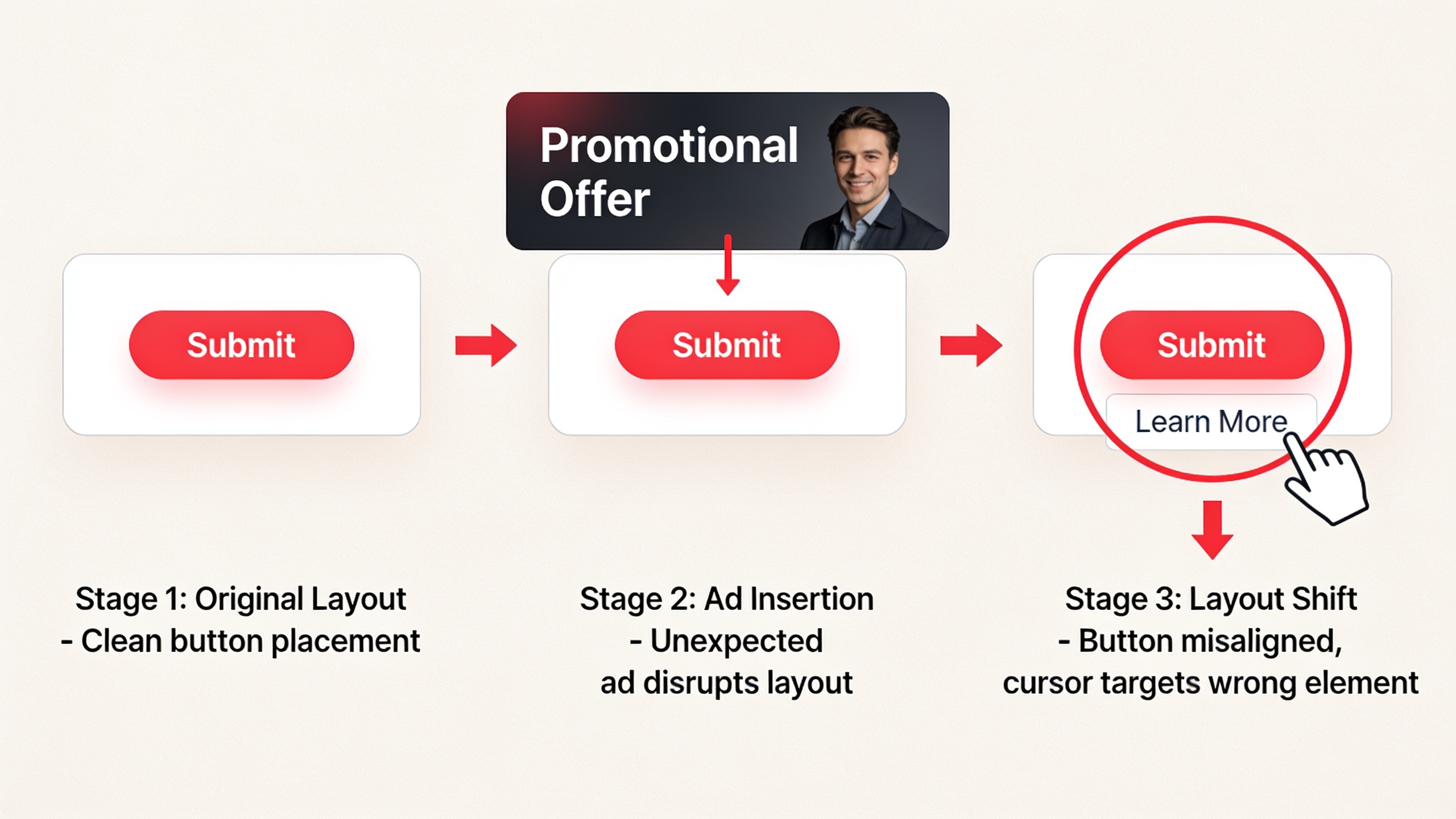 Visual demonstration of cumulative layout shift showing how ads and content cause buttons to move unexpectedly