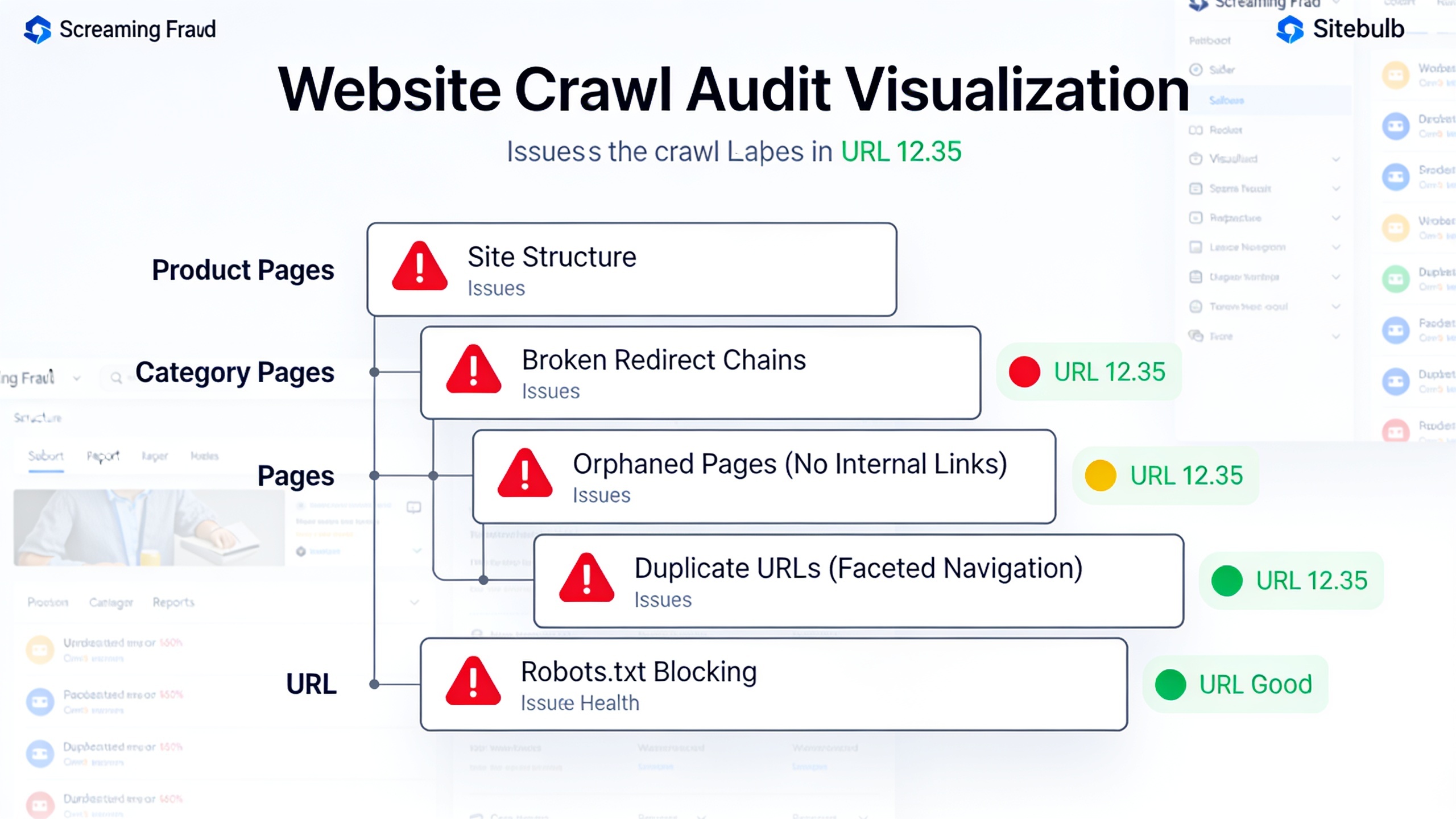 Technical SEO audit diagram showing crawlability issues, duplicate URLs, and redirect chains affecting ecommerce site structure