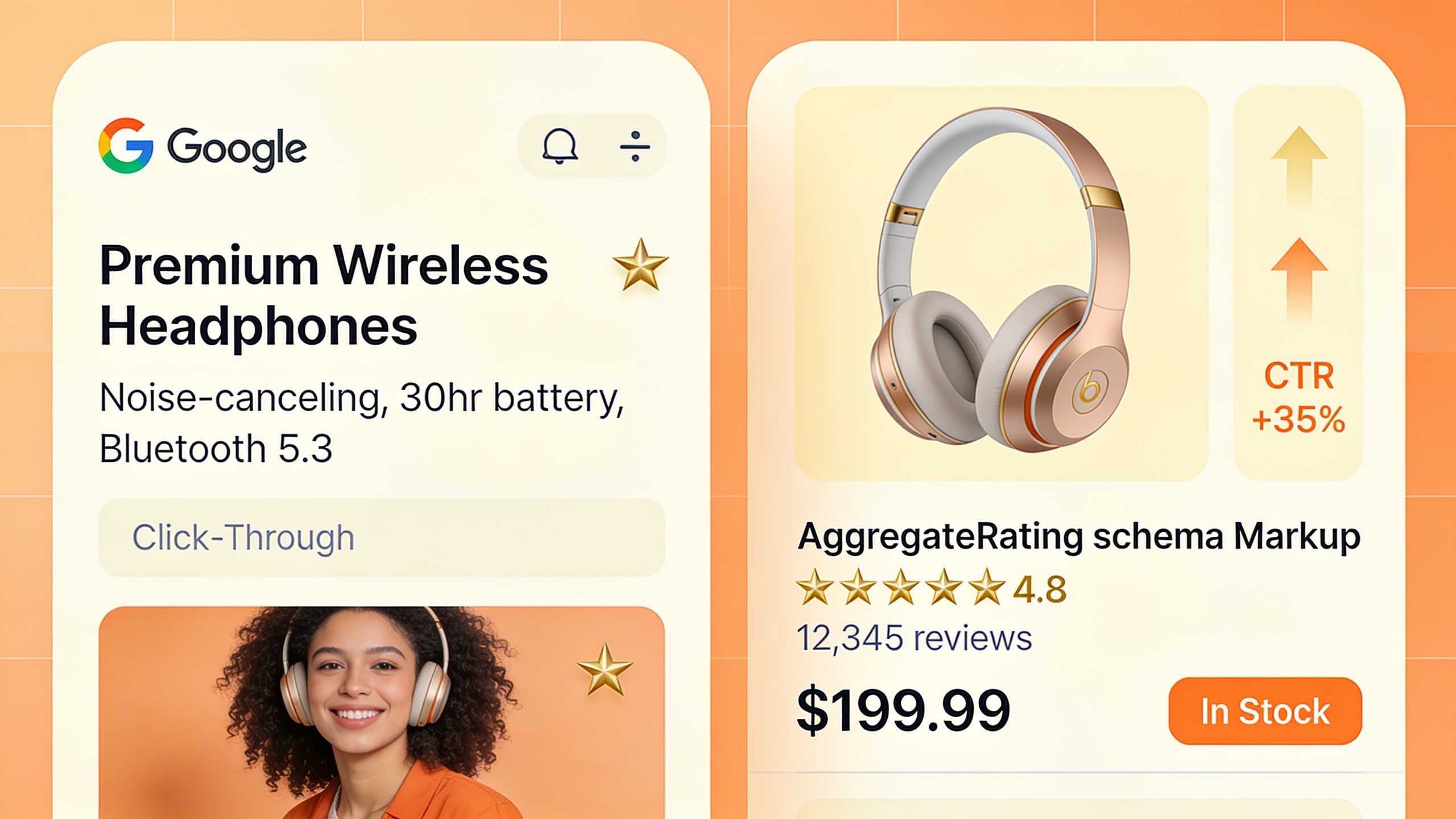 Google search results comparison showing product listing with and without review schema markup and star ratings