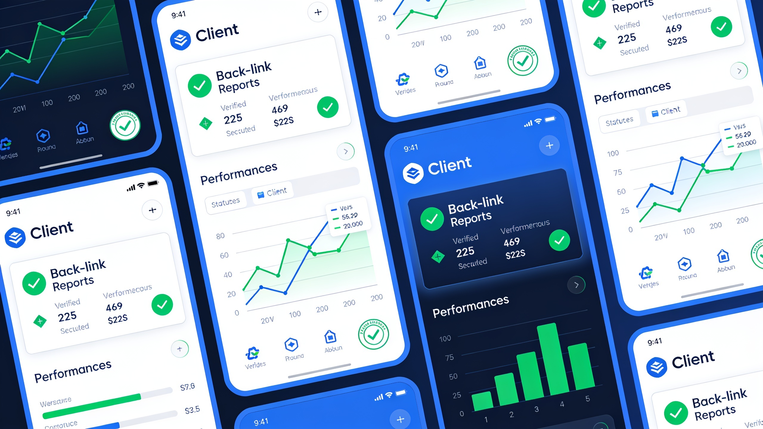 Marketing agency dashboard displaying verified backlink placements and client reporting across multiple accounts