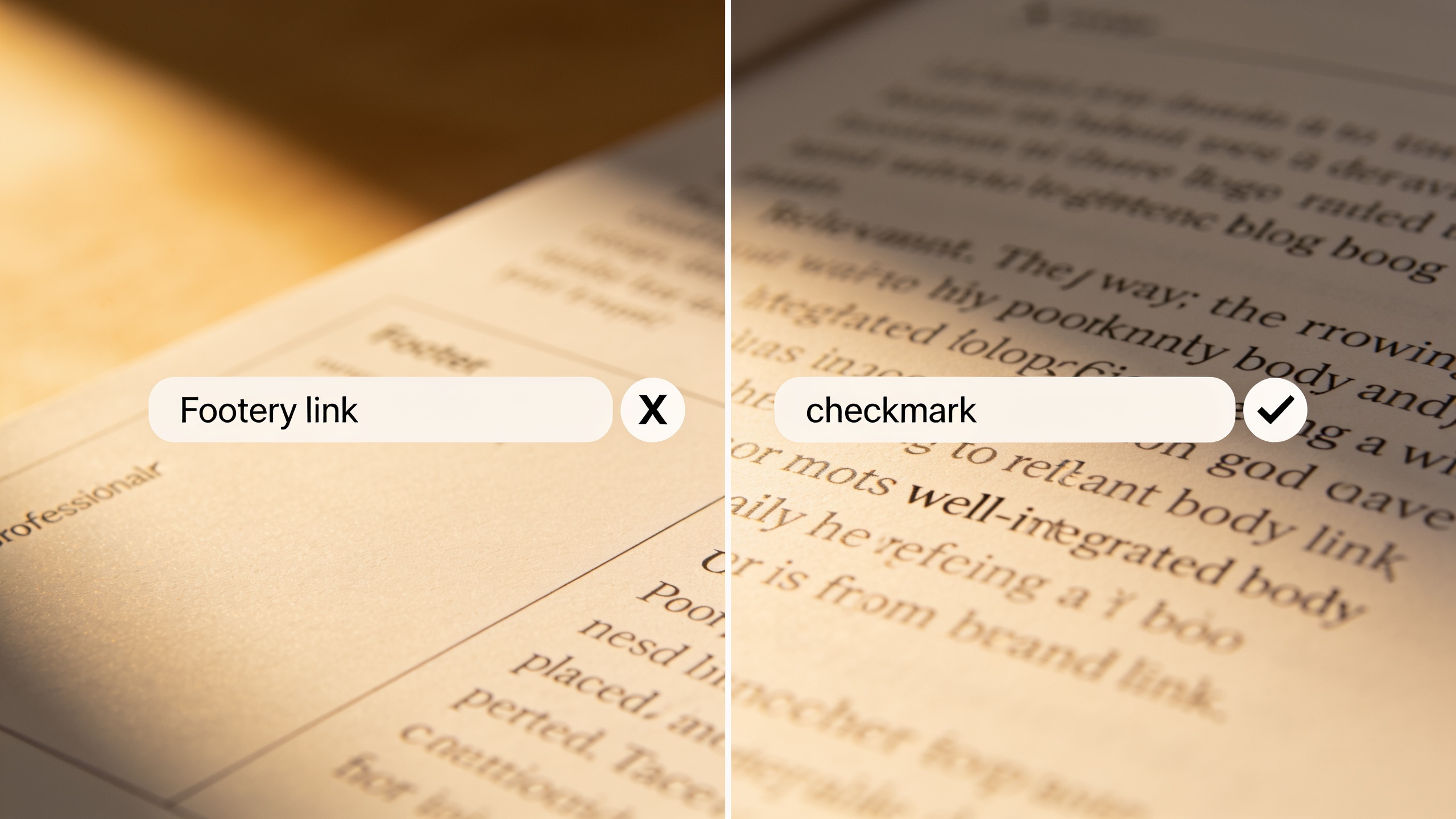 Comparison of poor link placement in website footers versus proper contextual link placement within article content