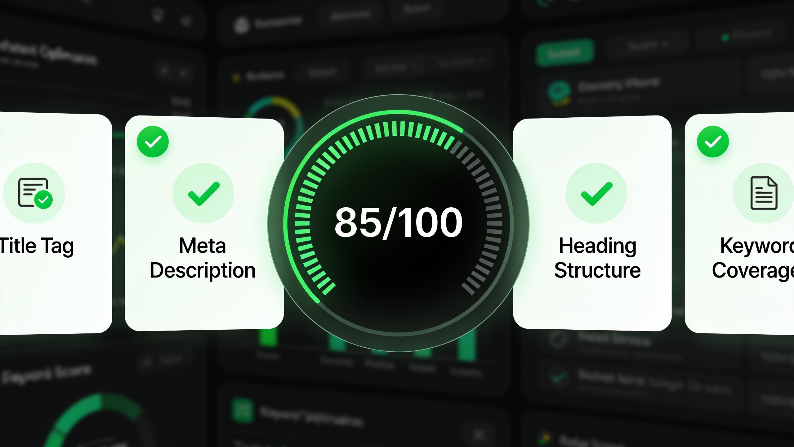 SEO optimization dashboard showing content score and automated optimization checks