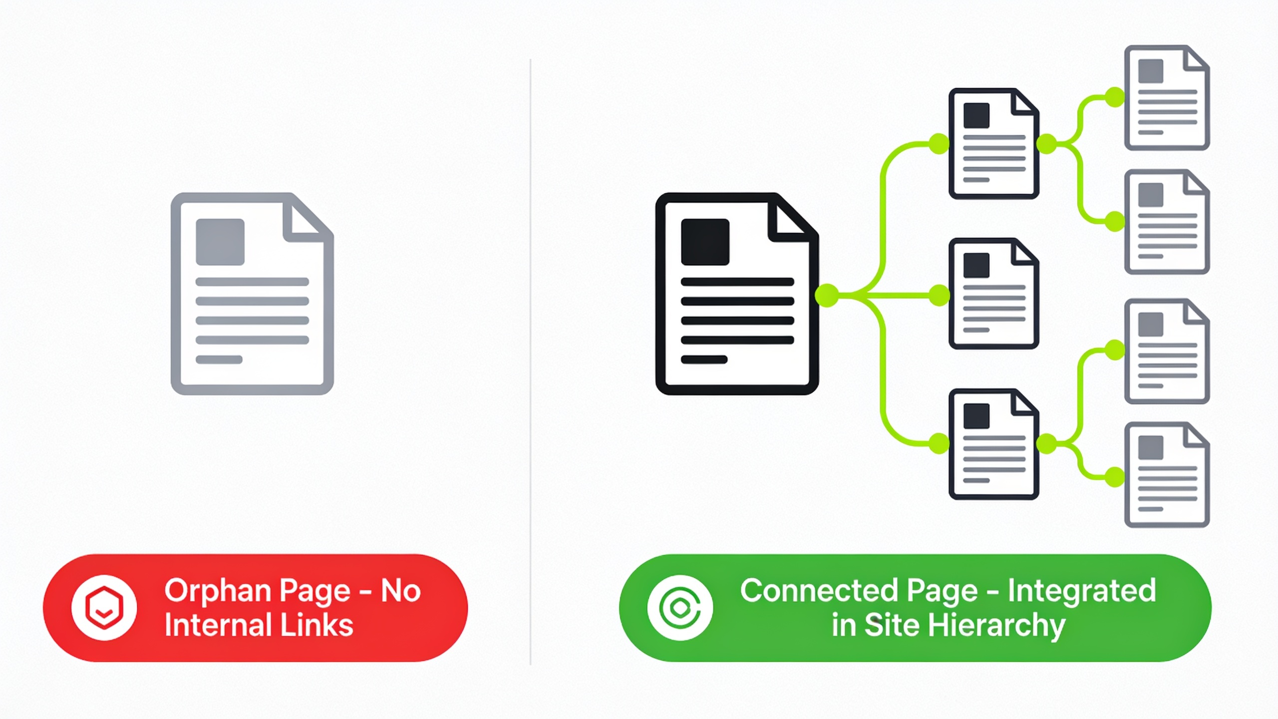 Side-by-side comparison of an orphan page with no internal links versus a properly connected page with multiple internal link pathways
