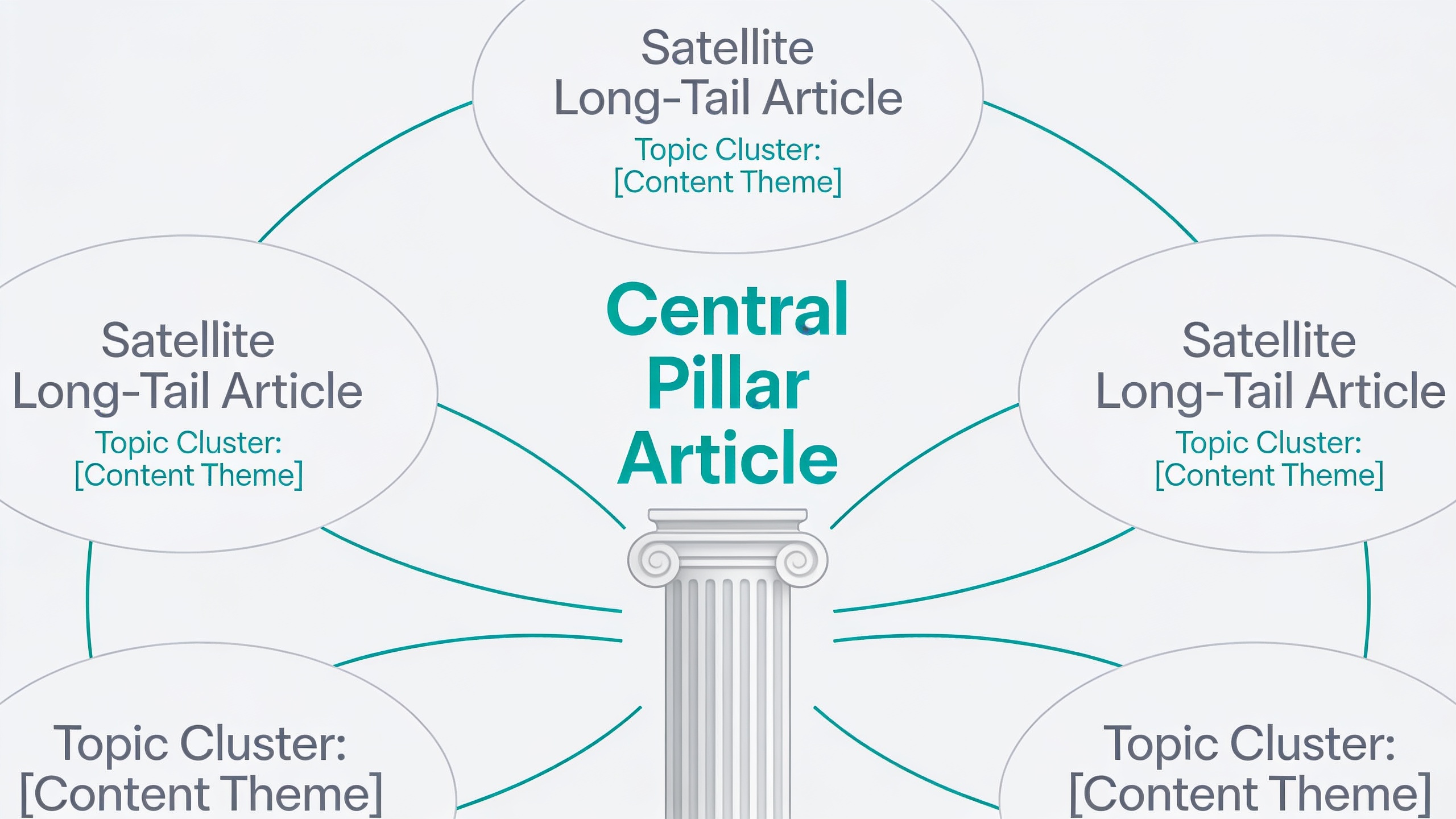 Topic cluster structure showing pillar content connected to multiple long-tail keyword articles through internal linking strategy