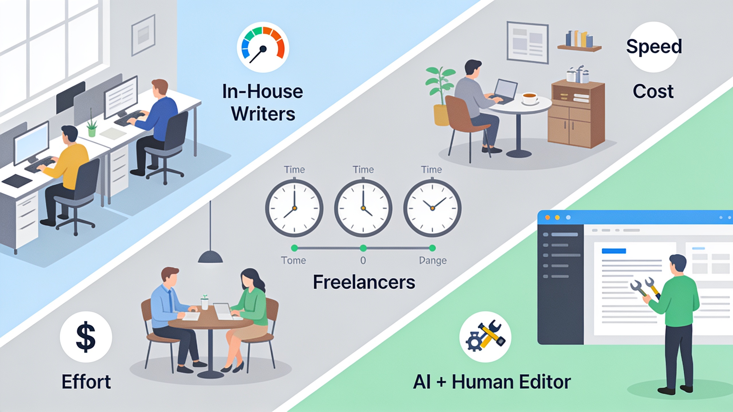 Three production models compared: in-house team, freelance network, and AI-assisted workflow with human review