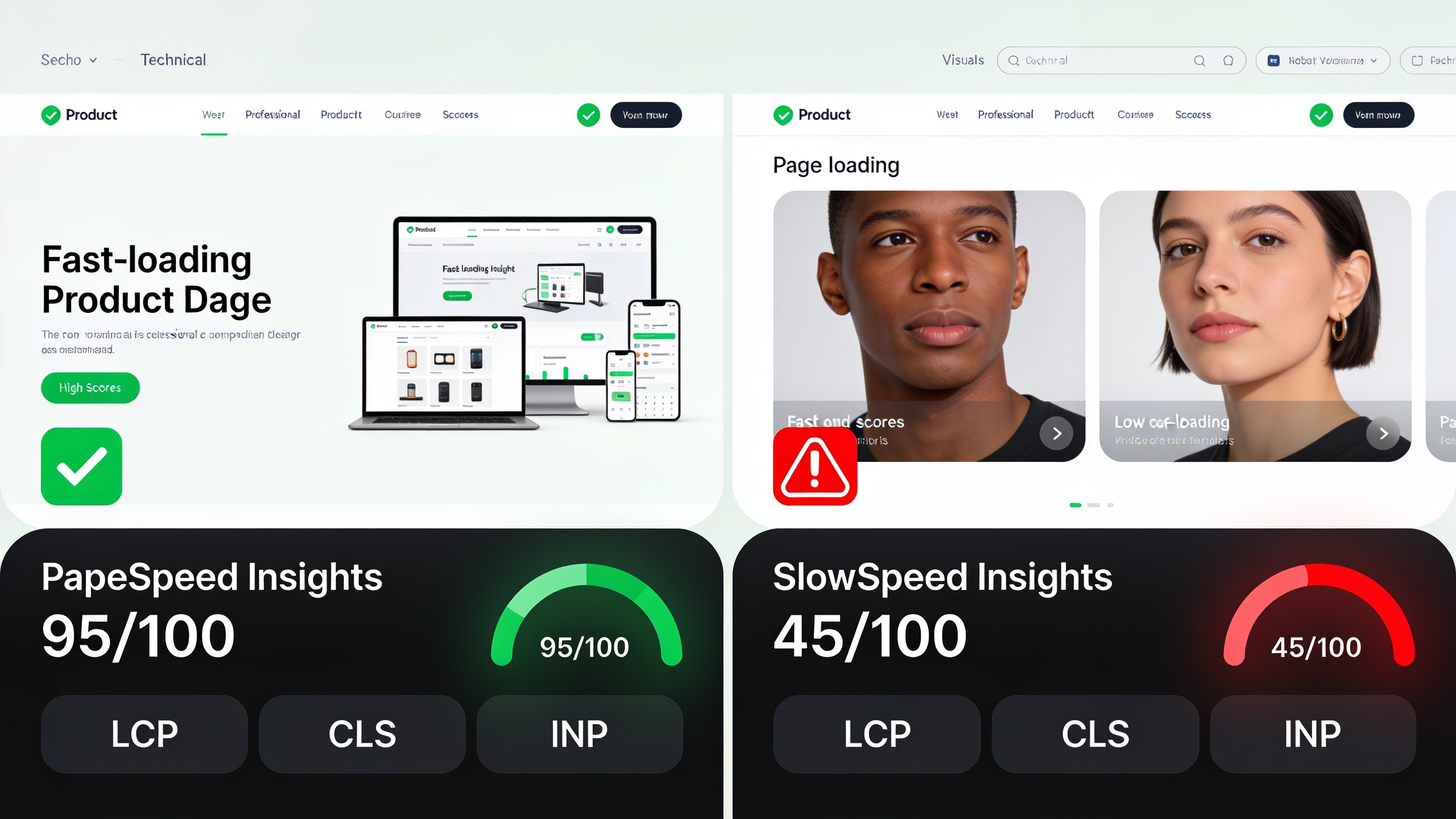 Core Web Vitals comparison showing fast versus slow product page performance metrics including Largest Contentful Paint, Cumulative Layout Shift, and Interaction to Next Paint