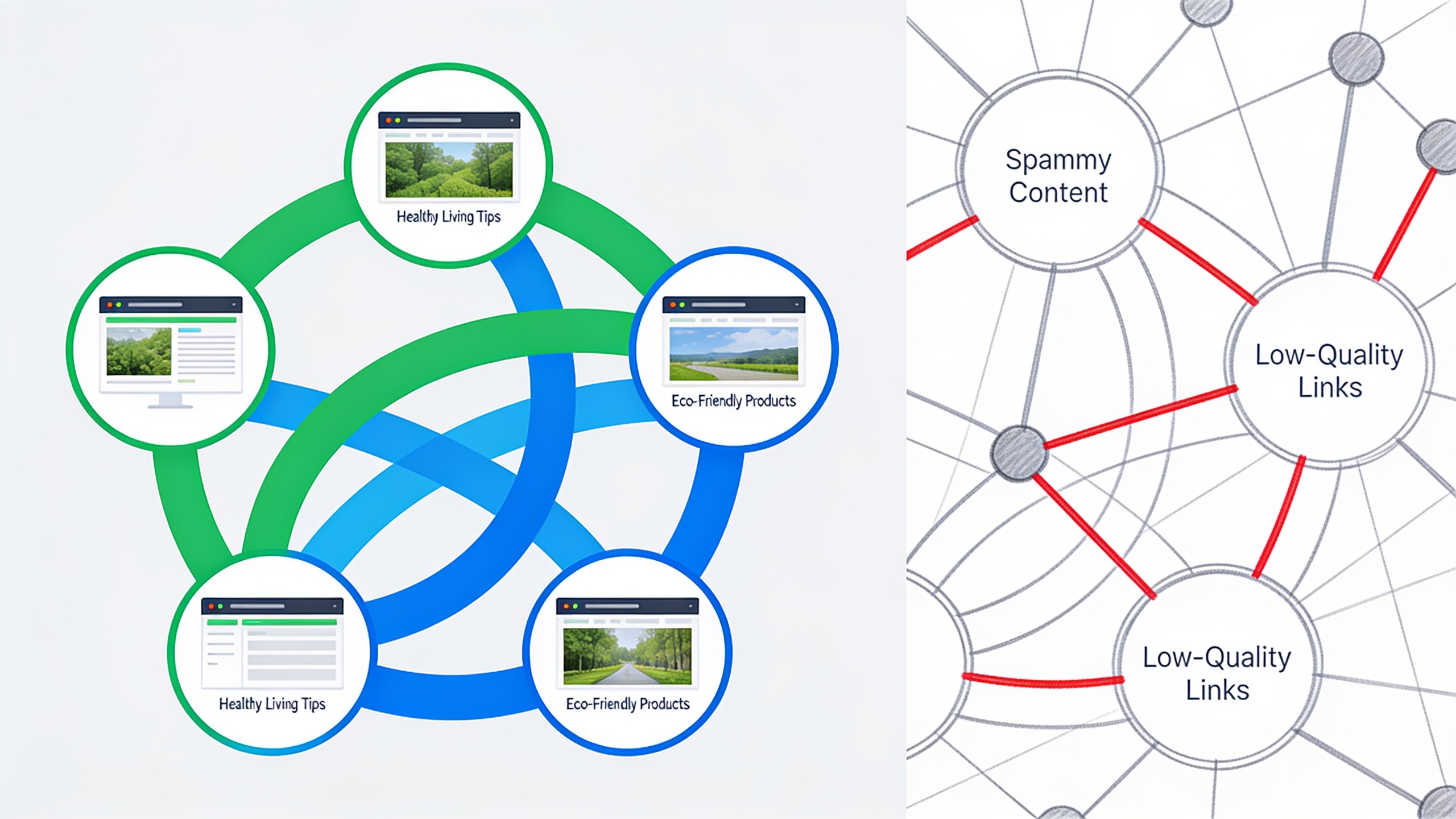 Natural backlink exchange network visualization showing organic contextual linking between relevant websites versus sketchy link farm patterns