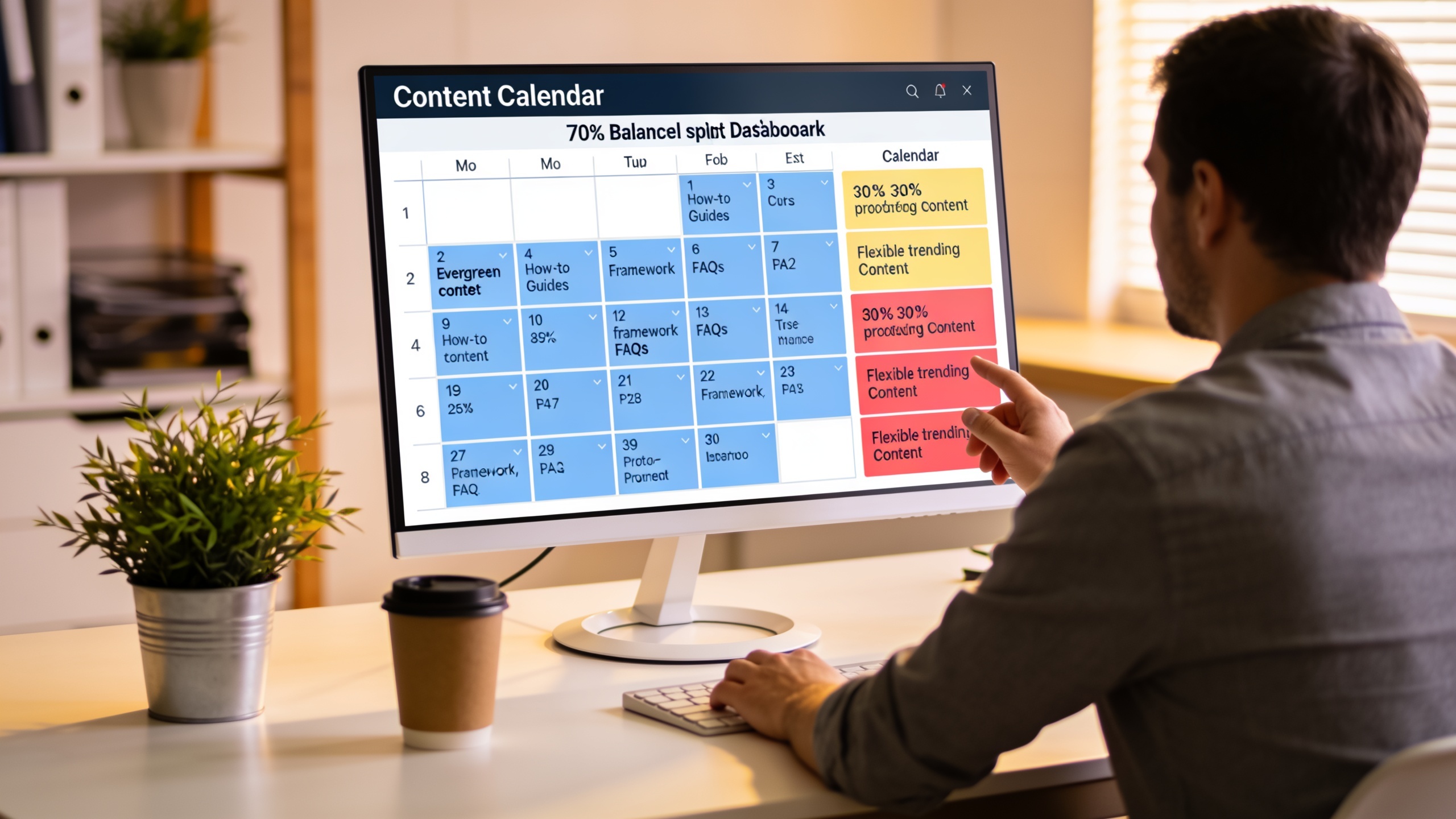 Content calendar dashboard showing balanced allocation between evergreen and trending content topics