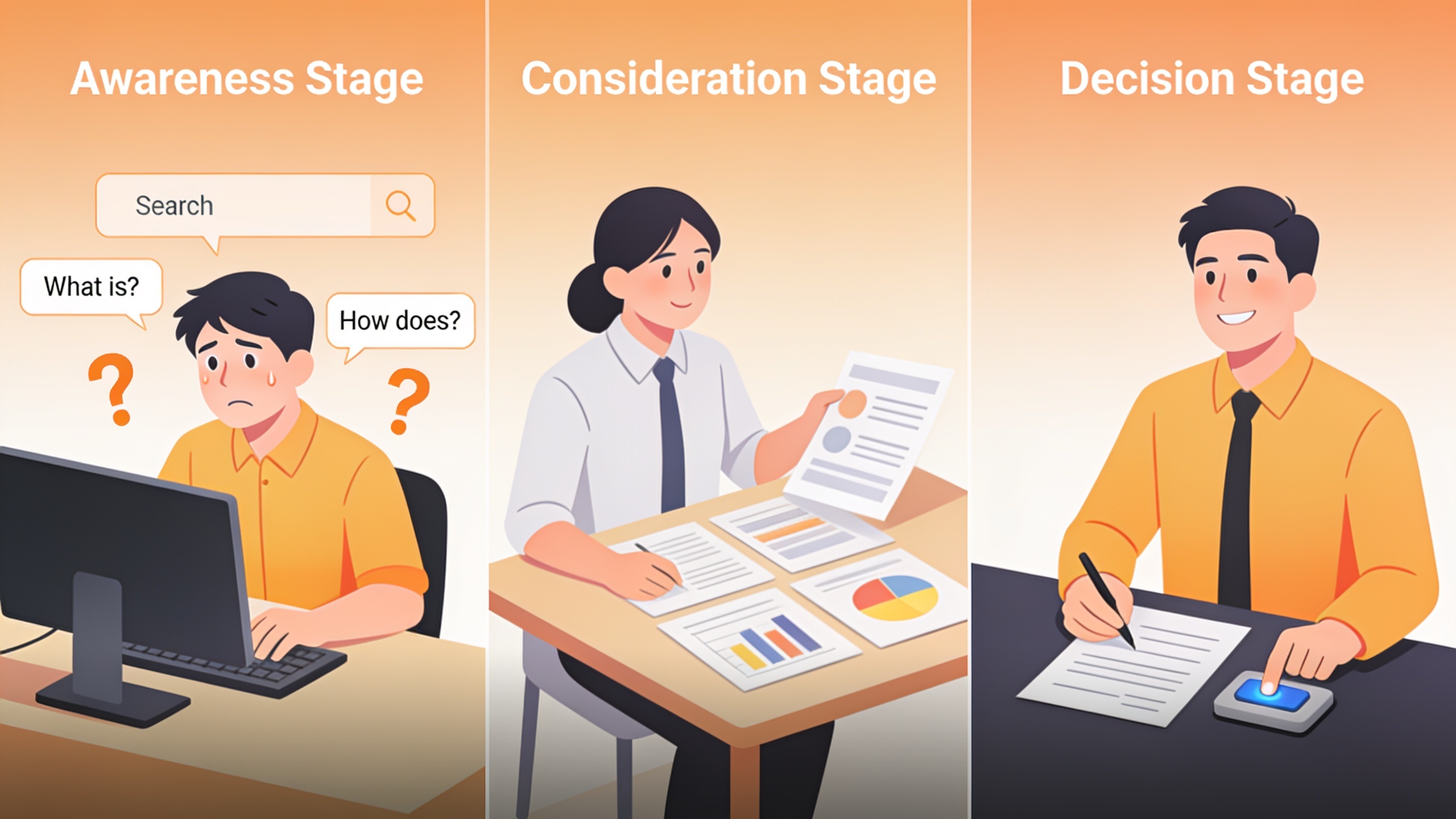 Three-stage buyer journey illustration showing awareness stage confusion, consideration stage comparison, and decision stage confidence