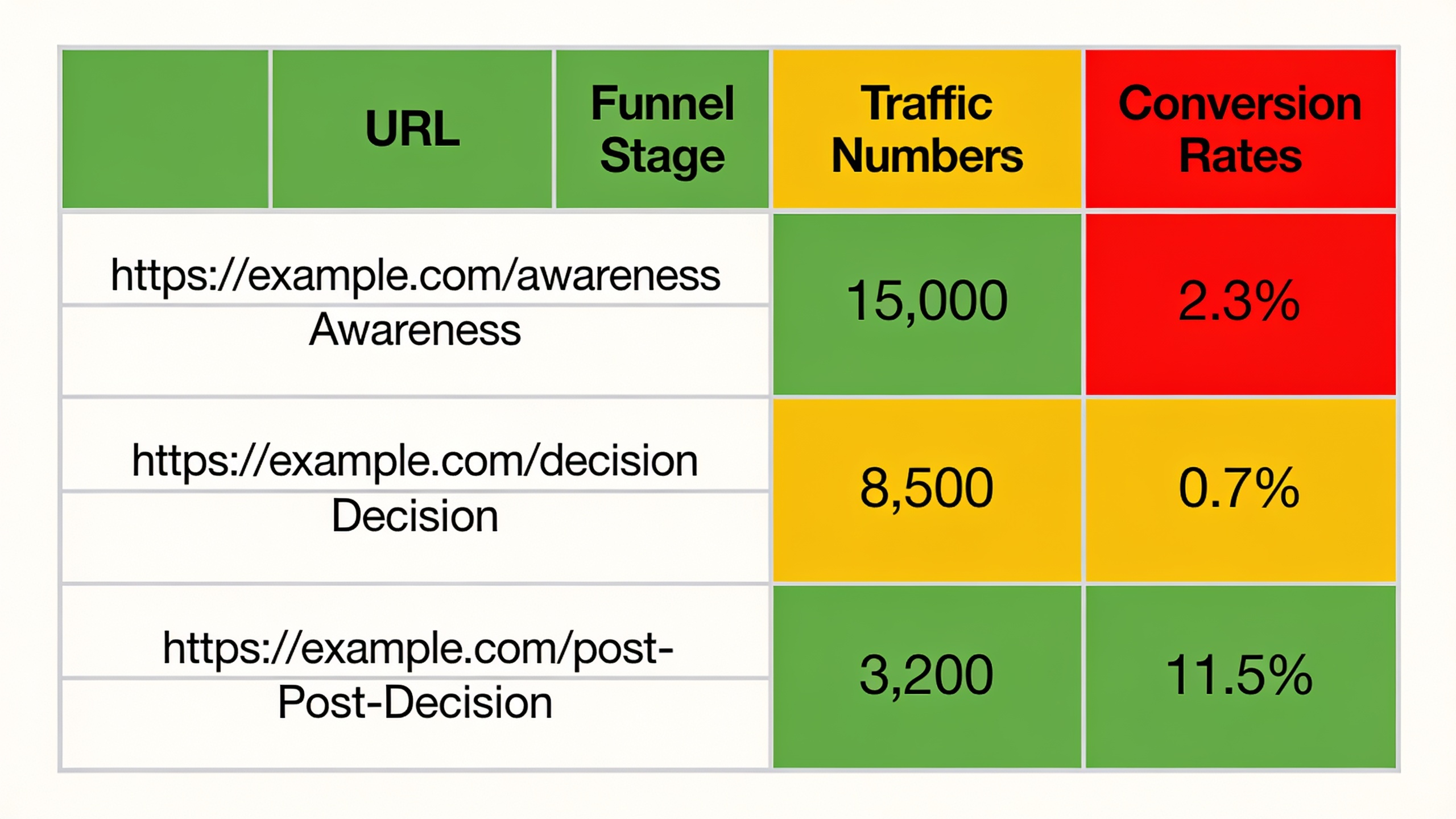 Content inventory spreadsheet showing performance metrics across funnel stages with color-coded gaps and conversion data