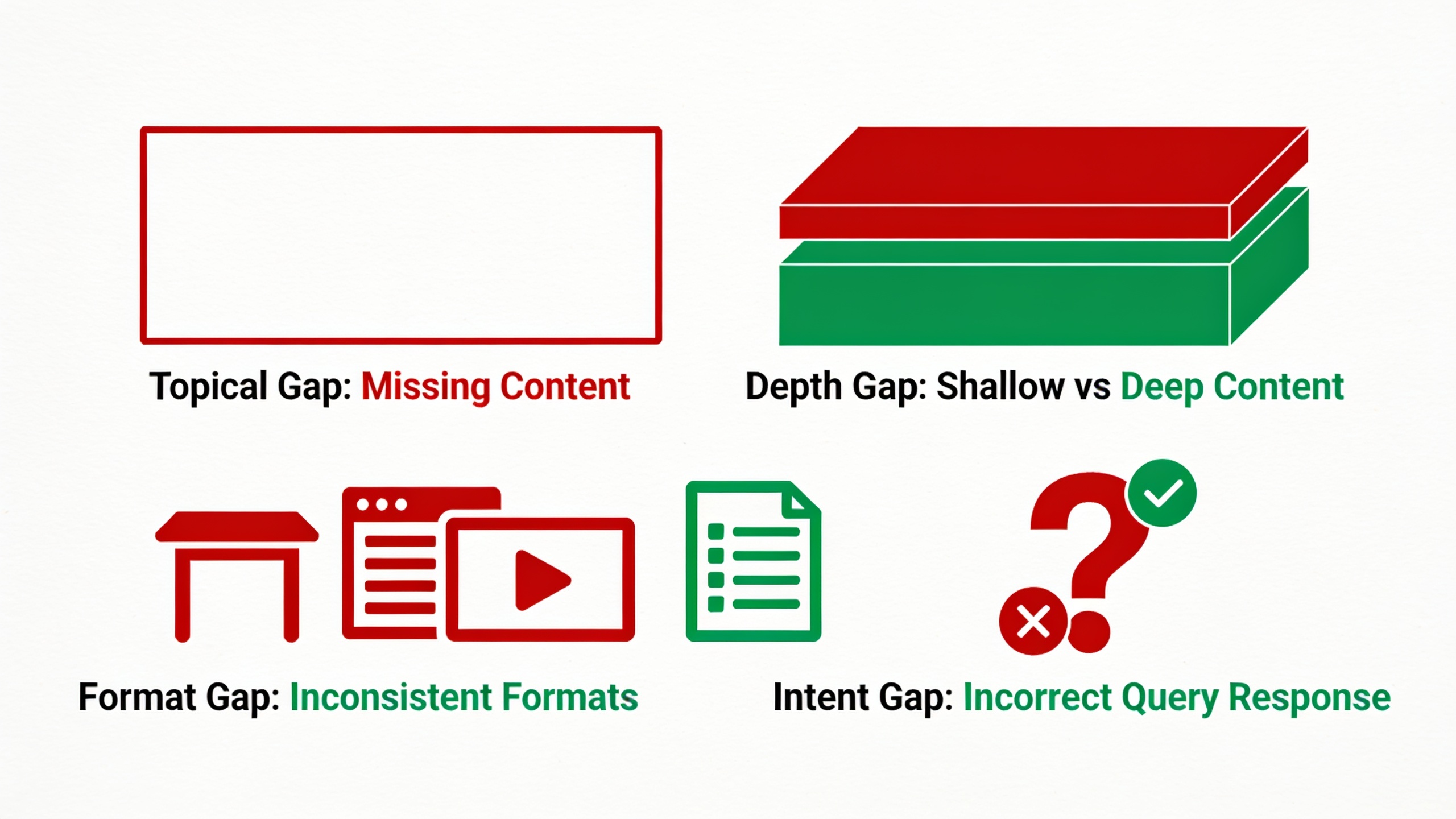 Infographic showing four types of content gaps: topical, depth, format, and intent gaps with visual examples