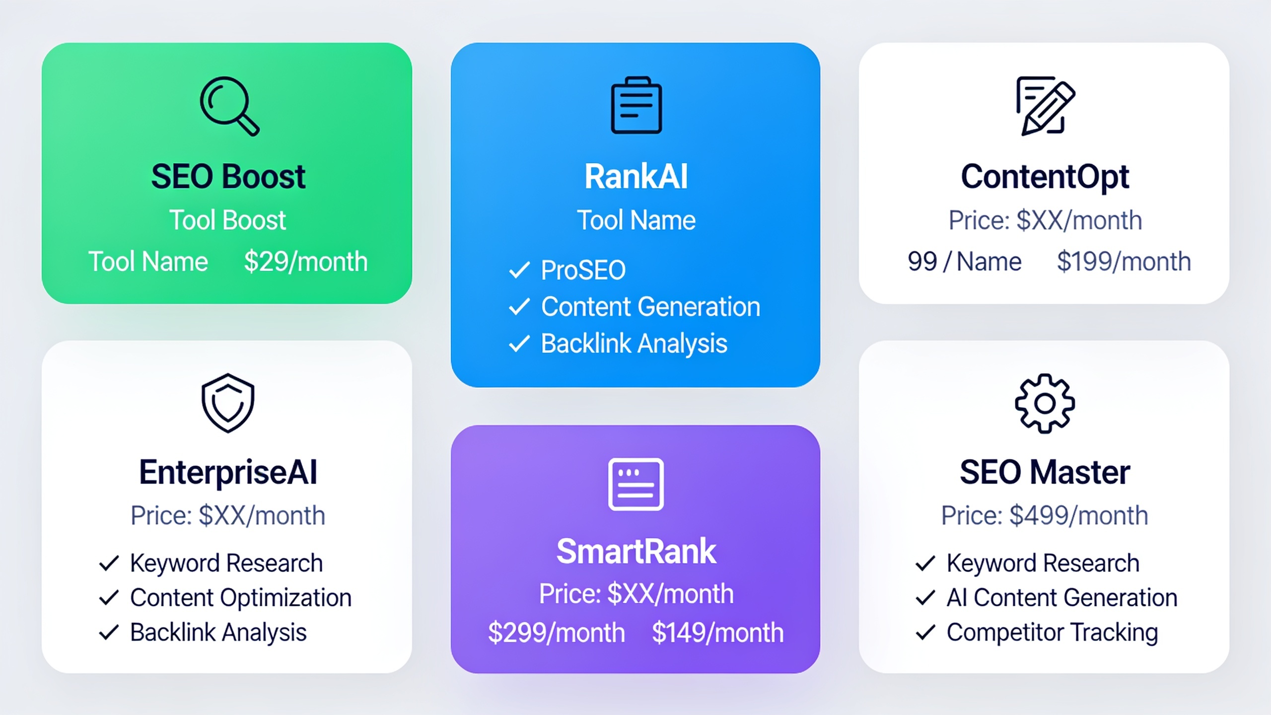 Visual comparison of 7 AI SEO tools showing pricing tiers, features, and capabilities side-by-side