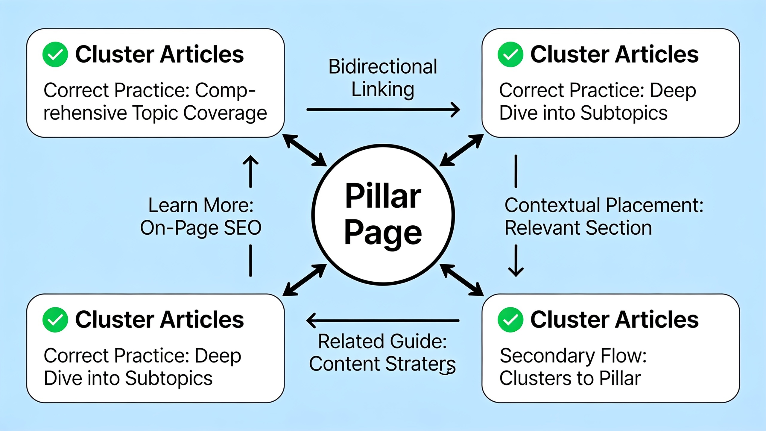 Internal linking strategy flowchart showing proper linking patterns between pillar and cluster content