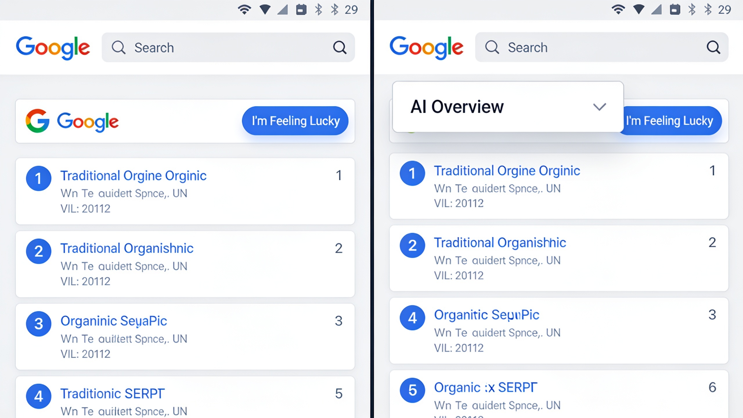 Comparison of Google search results showing how AI Overviews push organic listings down the page