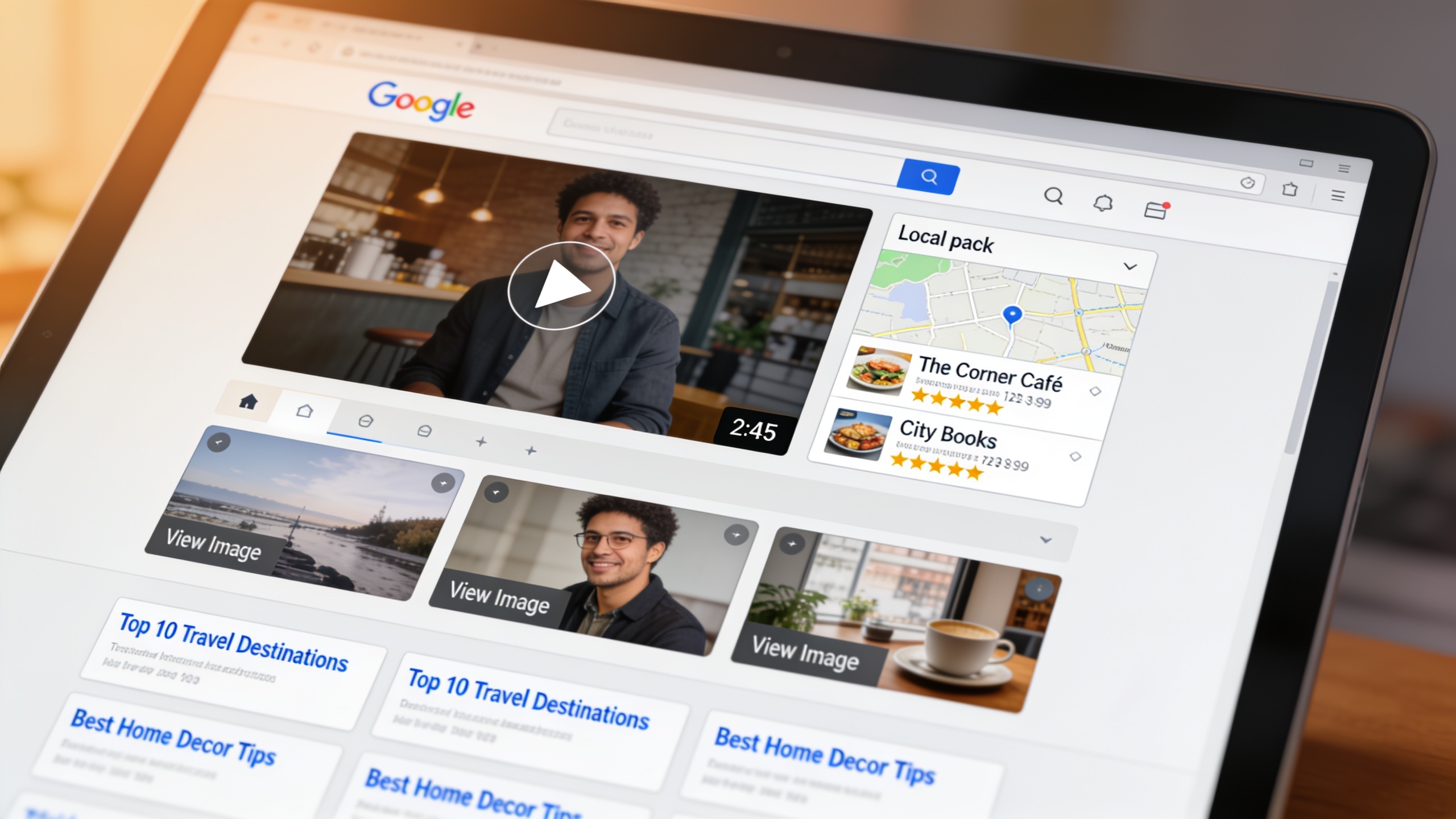 Google search results page displaying multiple content formats including video results, local pack, image carousel, and traditional organic listings to show content diversification beyond text links