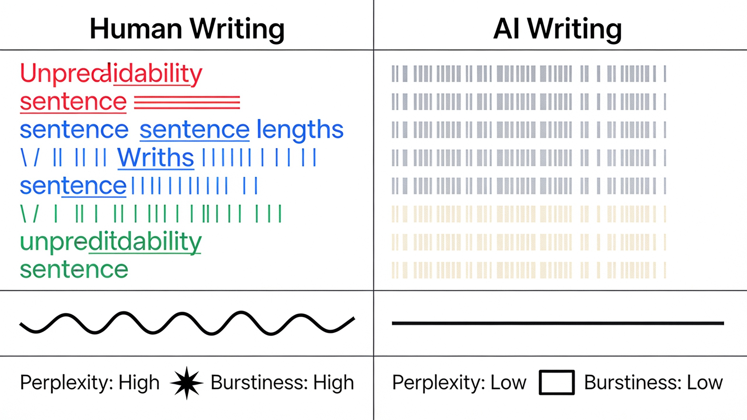 Infographic comparing perplexity and burstiness patterns between human-written and AI-generated text