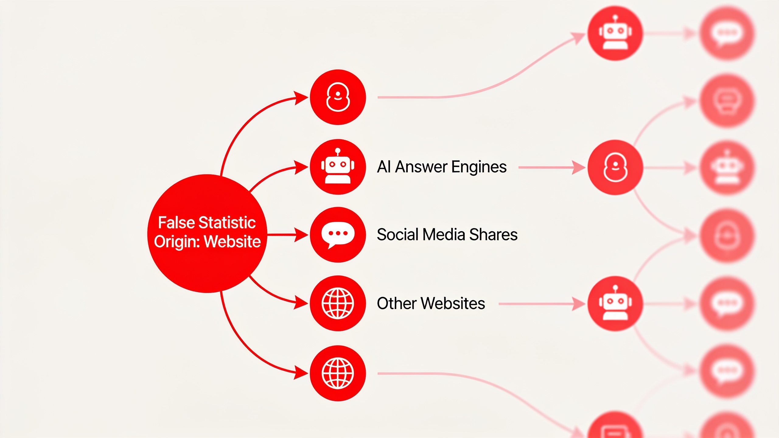Infographic illustrating how hallucinated content spreads from original source through AI answer engines and social media