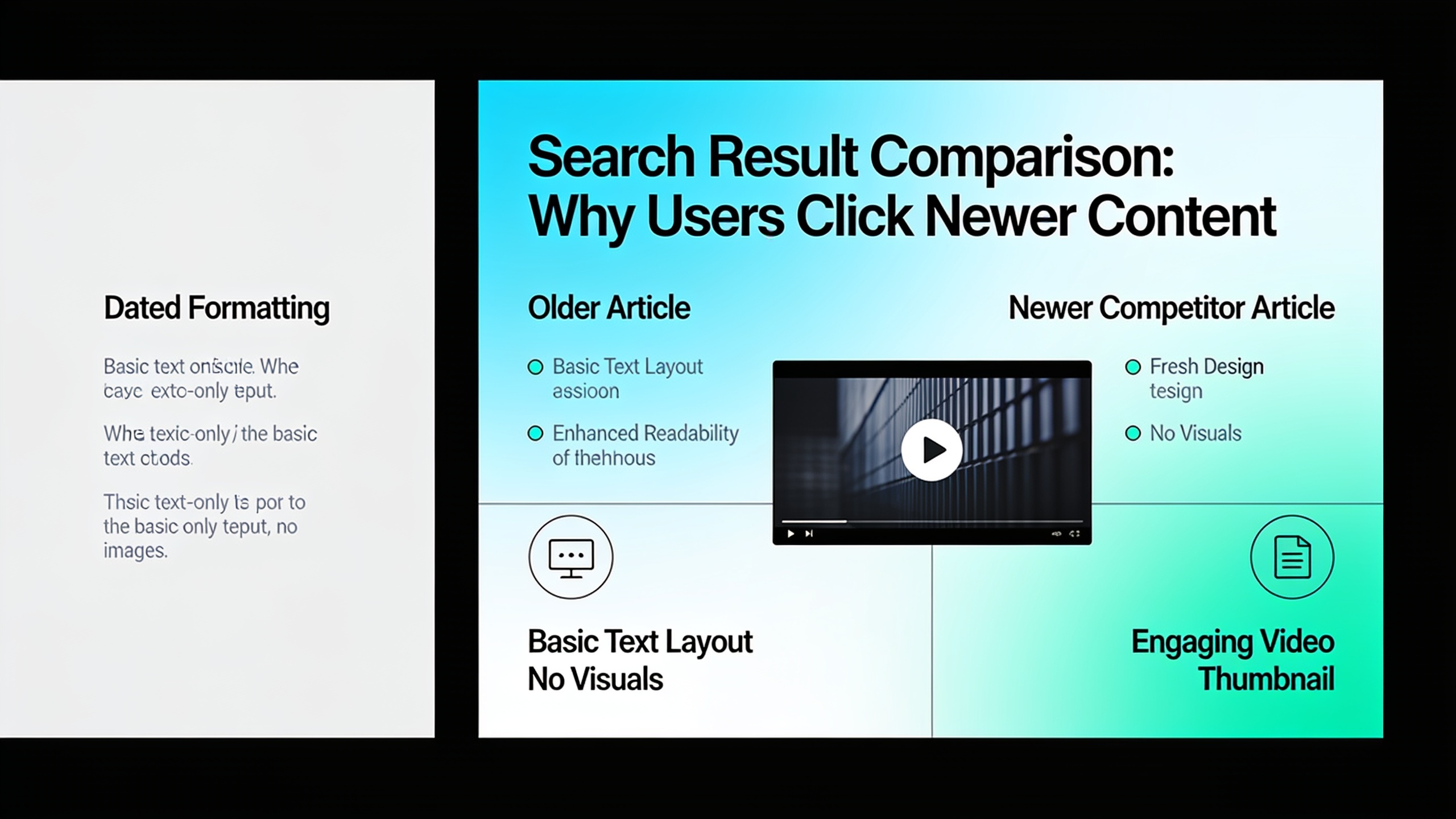 Comparison of outdated article versus competitor's refreshed content in search results showing why users prefer newer content