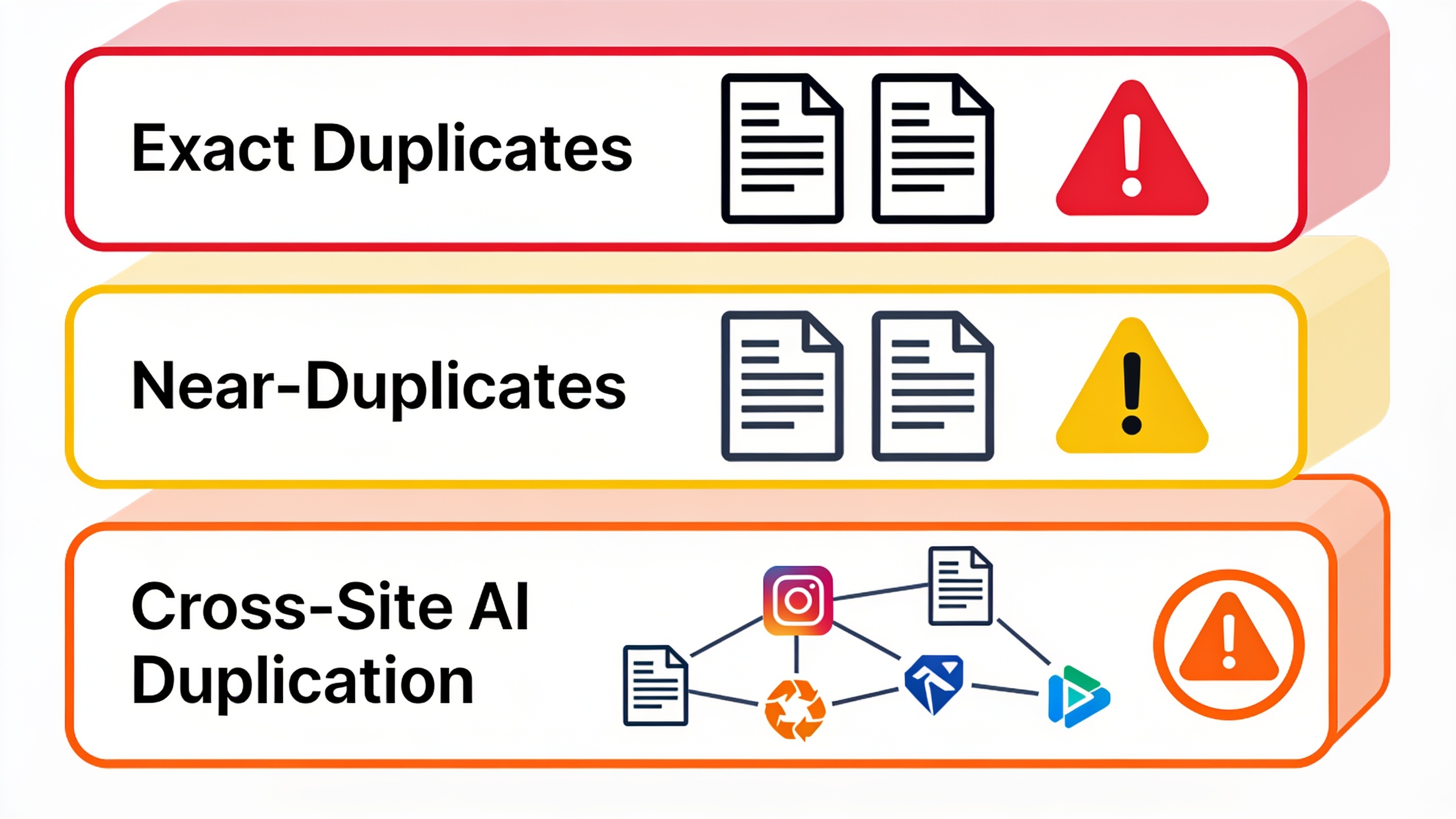 Three types of duplicate content that search engines detect: exact duplicates, near-duplicates, and cross-site AI duplication