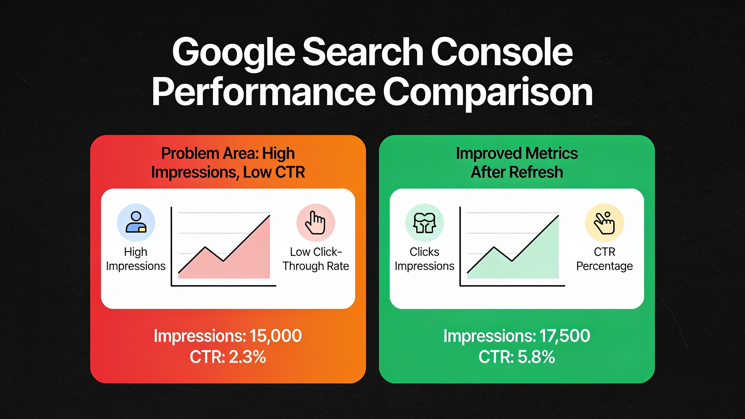 Google Search Console metrics comparison showing high impressions with low CTR before refresh and improved performance after