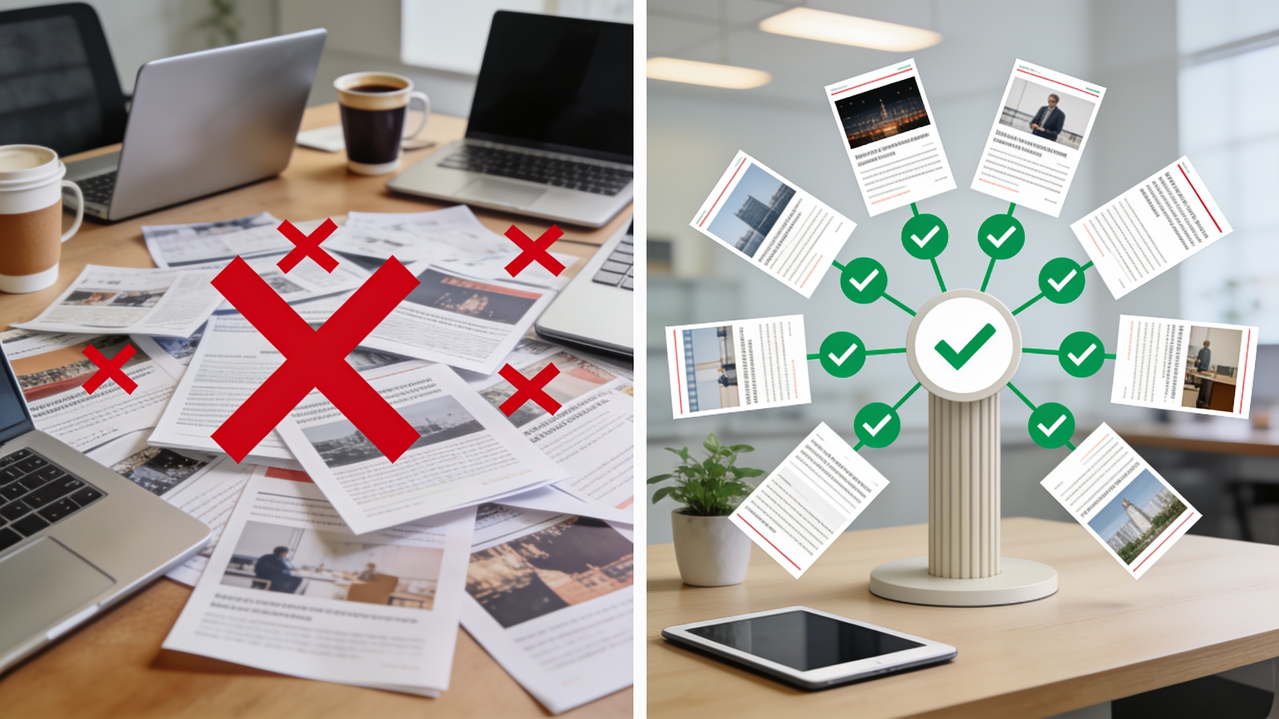 Comparison of keyword cannibalization versus organized pillar and cluster content structure
