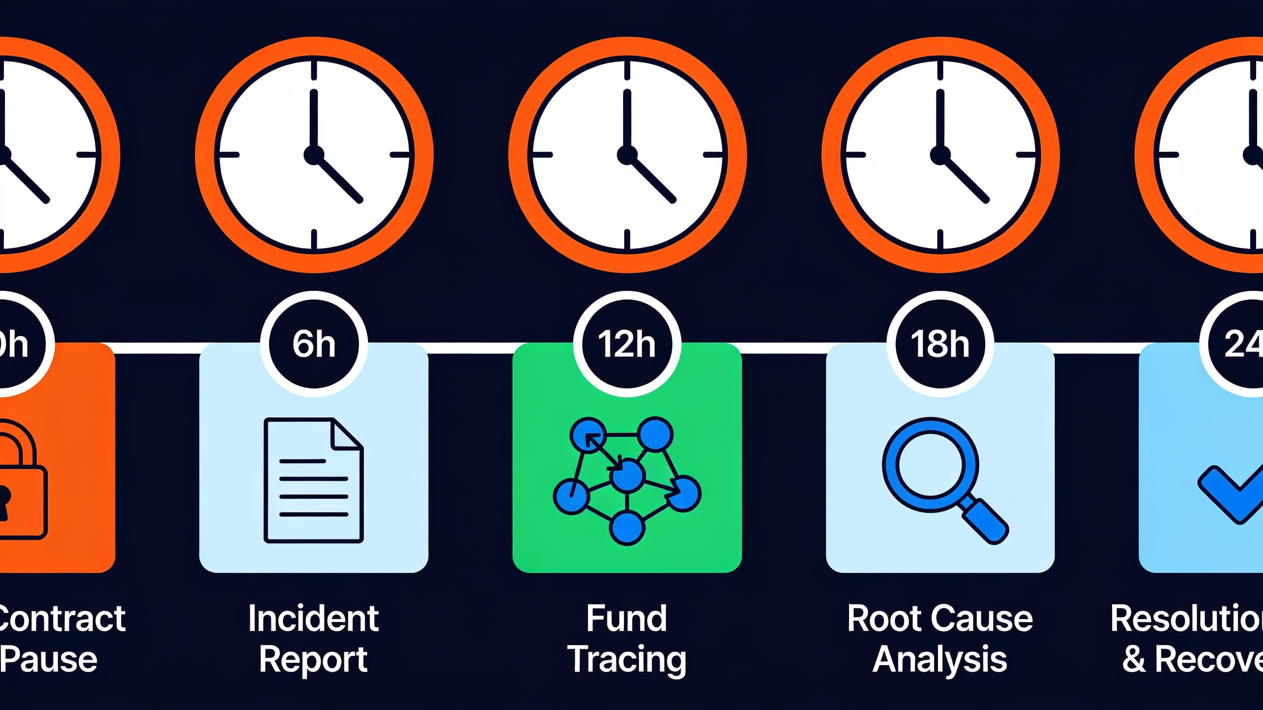 DeFi protocol incident response timeline showing first 24 hours of breach detection, communication, and fund tracing