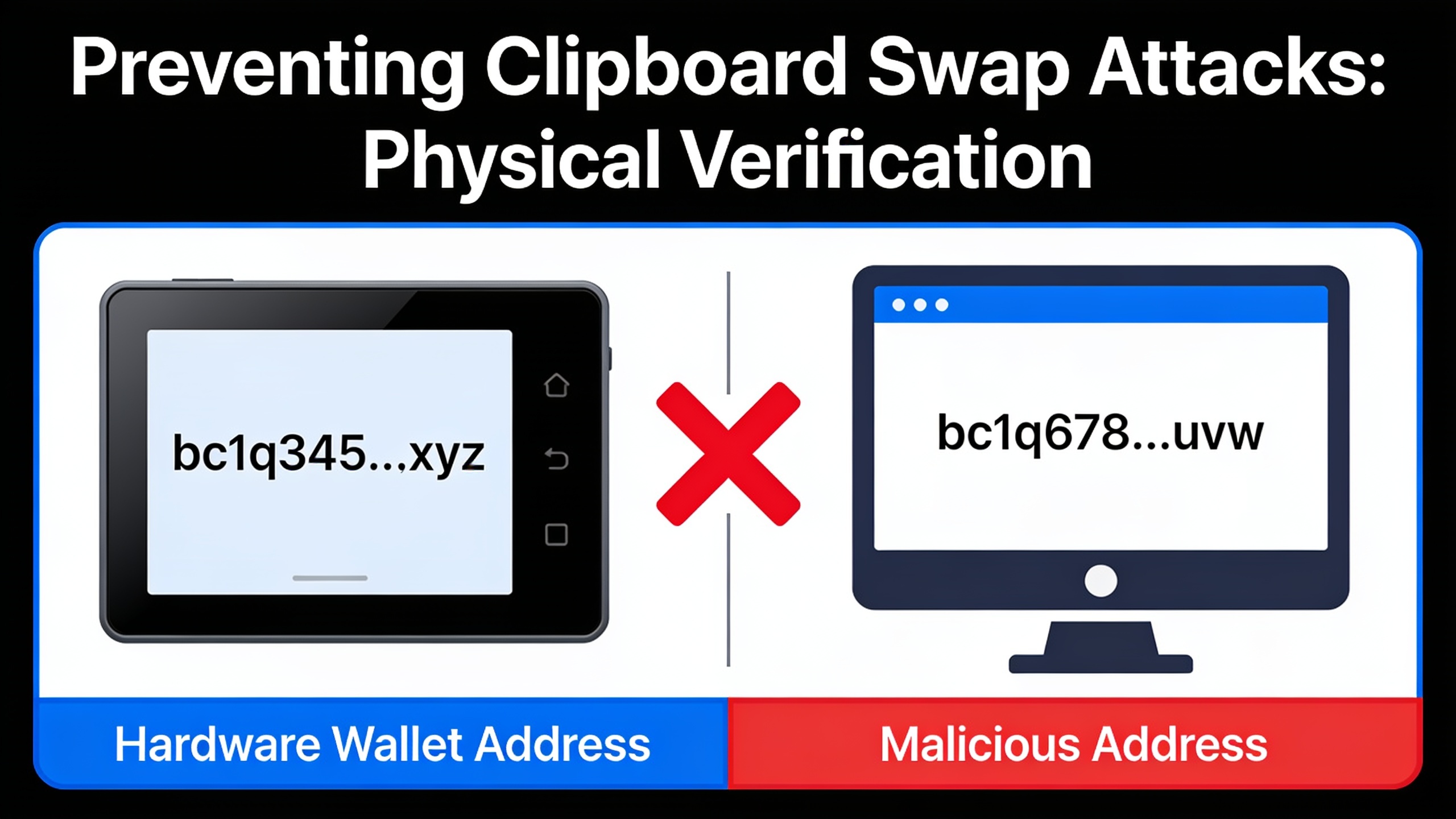 Comparison showing hardware wallet screen verification preventing malicious address substitution attacks
