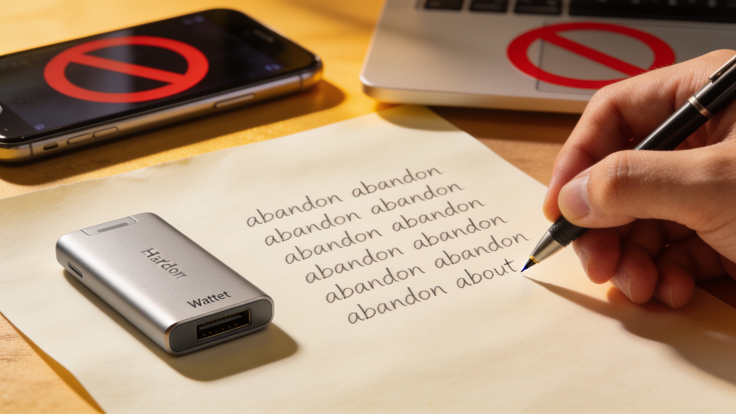 Handwritten recovery phrase backup on paper with digital devices crossed out, showing proper cold storage security practices