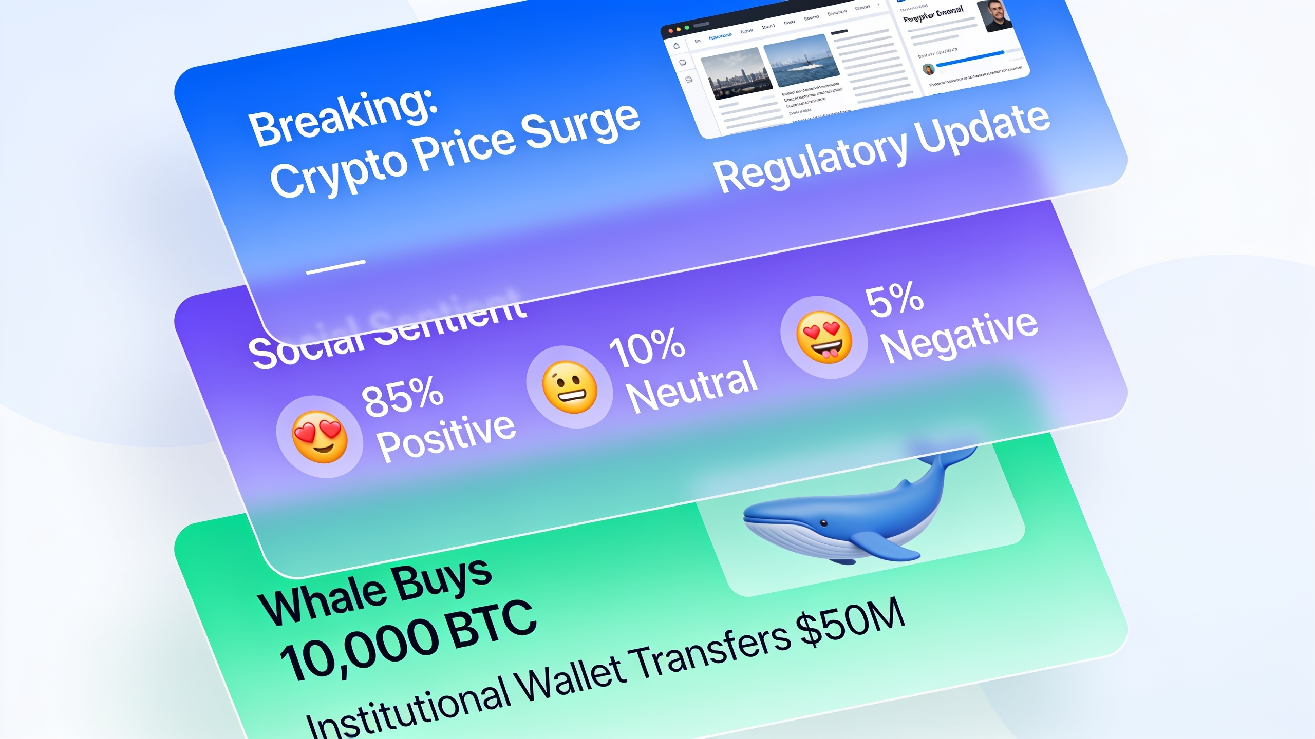 Multi-layered data visualization combining news headlines, social sentiment, and whale transaction tracking for comprehensive market analysis