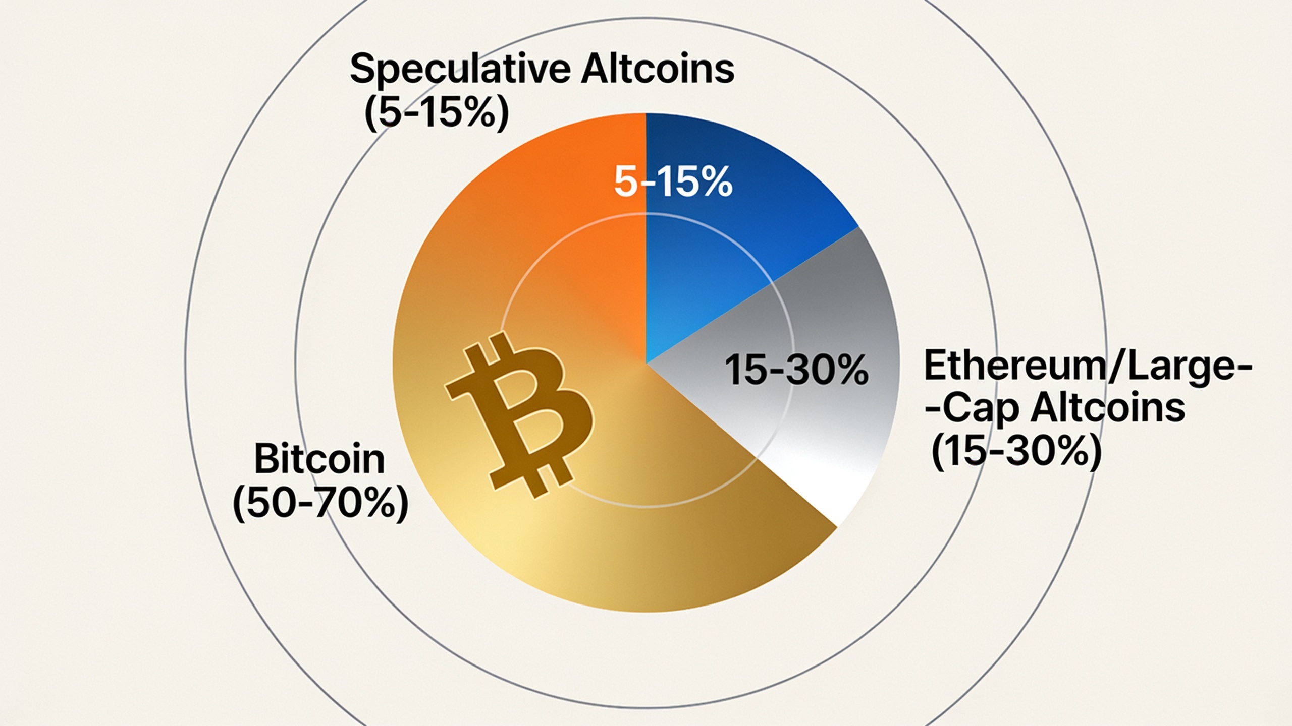 Recommended cryptocurrency portfolio allocation showing core-satellite strategy with Bitcoin anchor and altcoin satellites