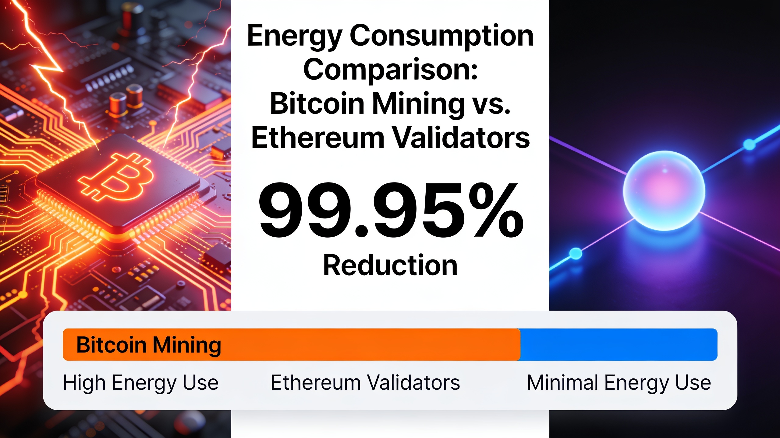 Energy consumption comparison between Bitcoin Proof-of-Work mining and Ethereum Proof-of-Stake validation showing dramatic reduction