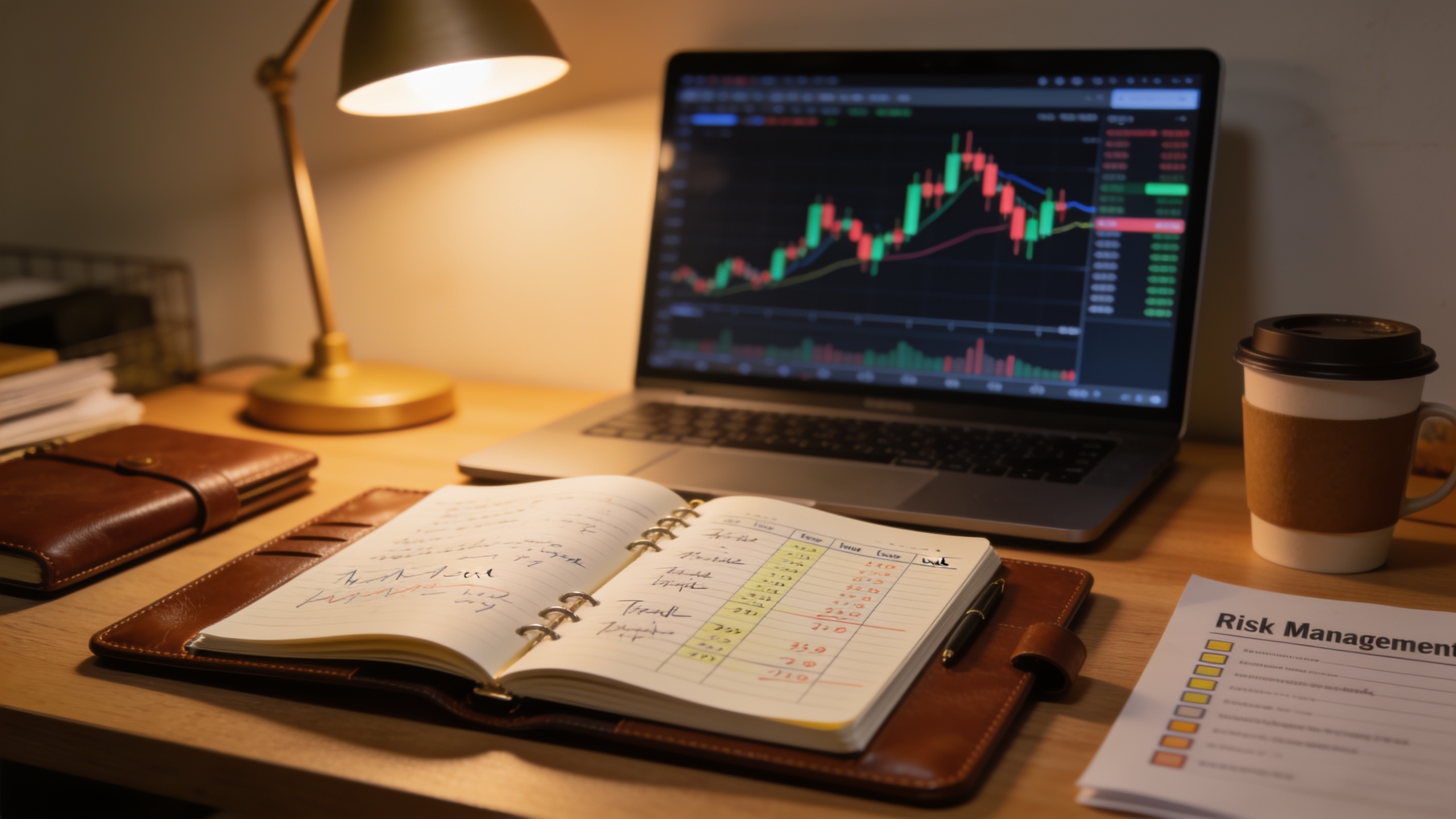 Trader's workspace showing journaling and risk management documentation for tracking trades