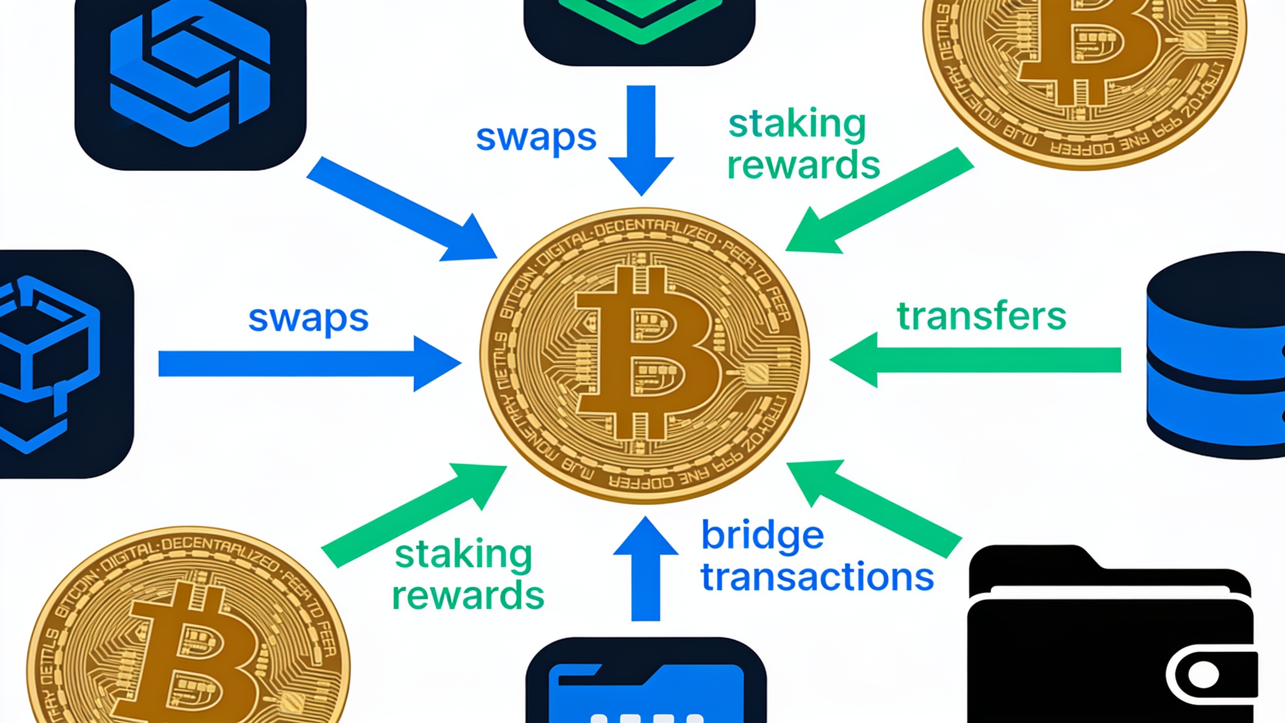 Infographic showing how crypto tax software consolidates transactions from multiple exchanges, wallets, and DeFi protocols into organized categories