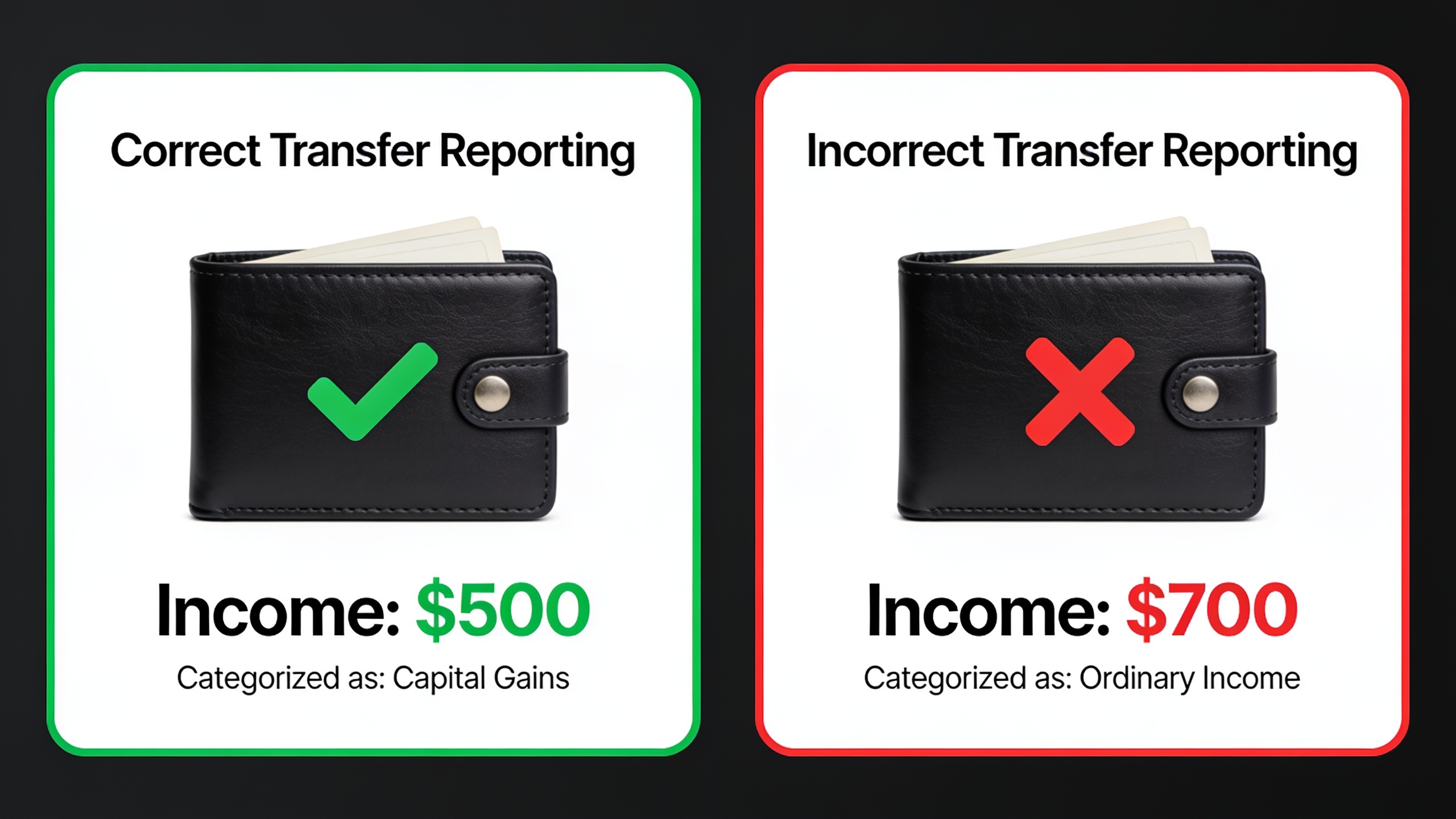 Comparison diagram showing correct versus incorrect cryptocurrency wallet transfer reporting and its impact on tax calculations