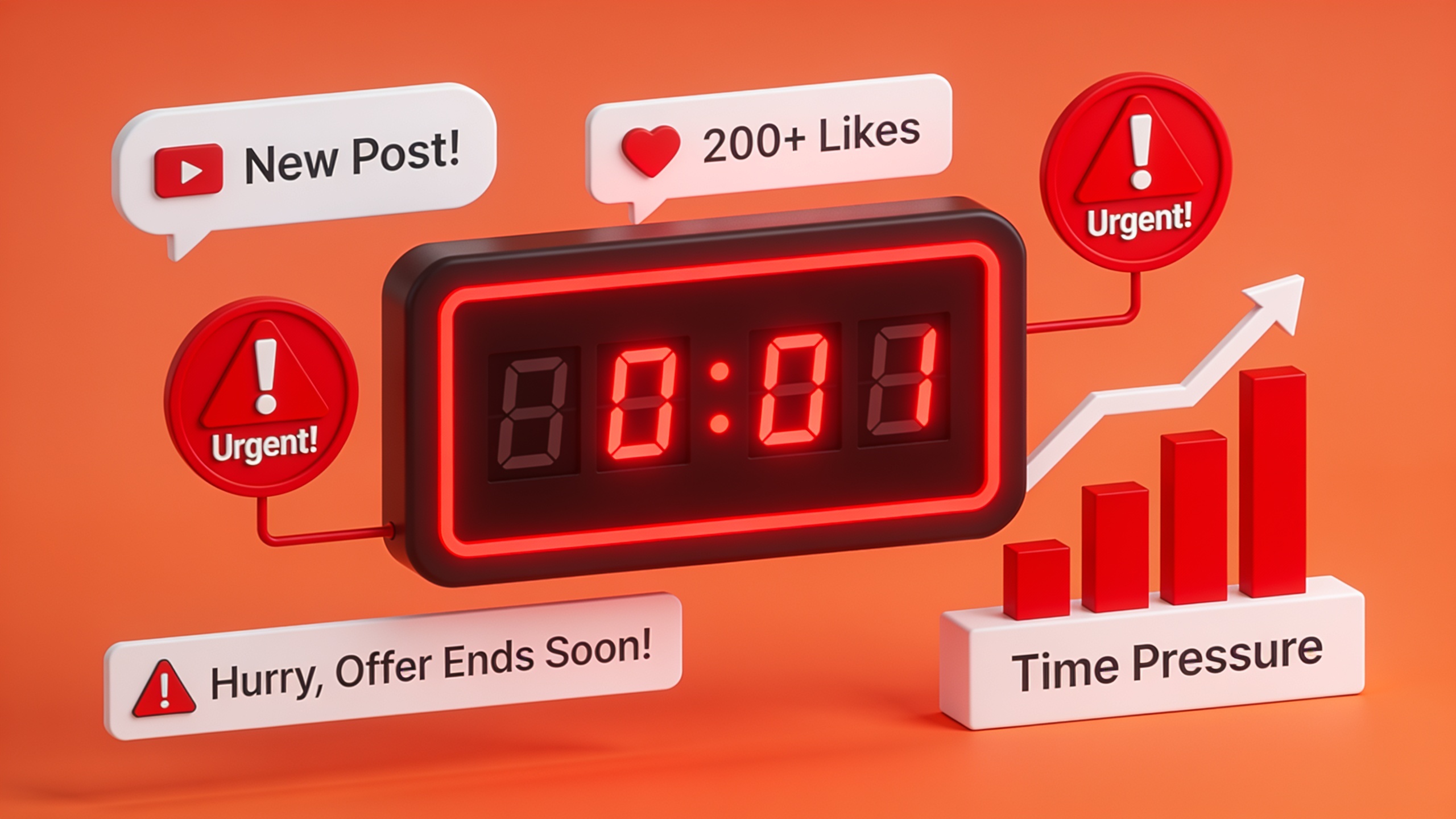 Visual representation of artificial urgency and FOMO tactics used in crypto scams with countdown timers and warning indicators
