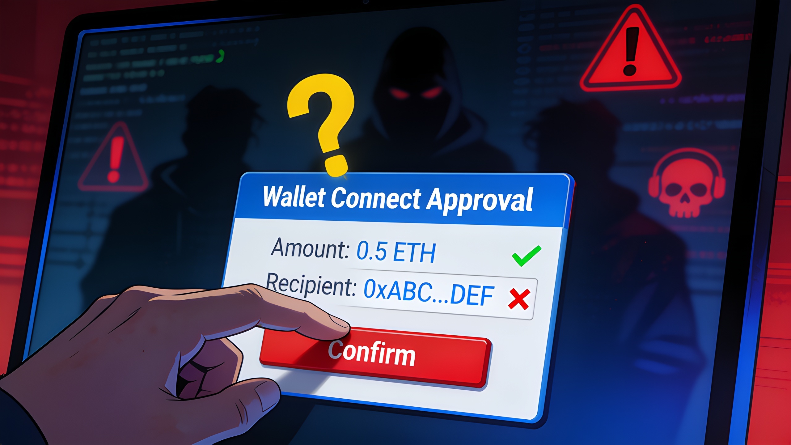 Illustration of malicious wallet-connect prompts and transaction approval scams showing hidden permissions and suspicious requests
