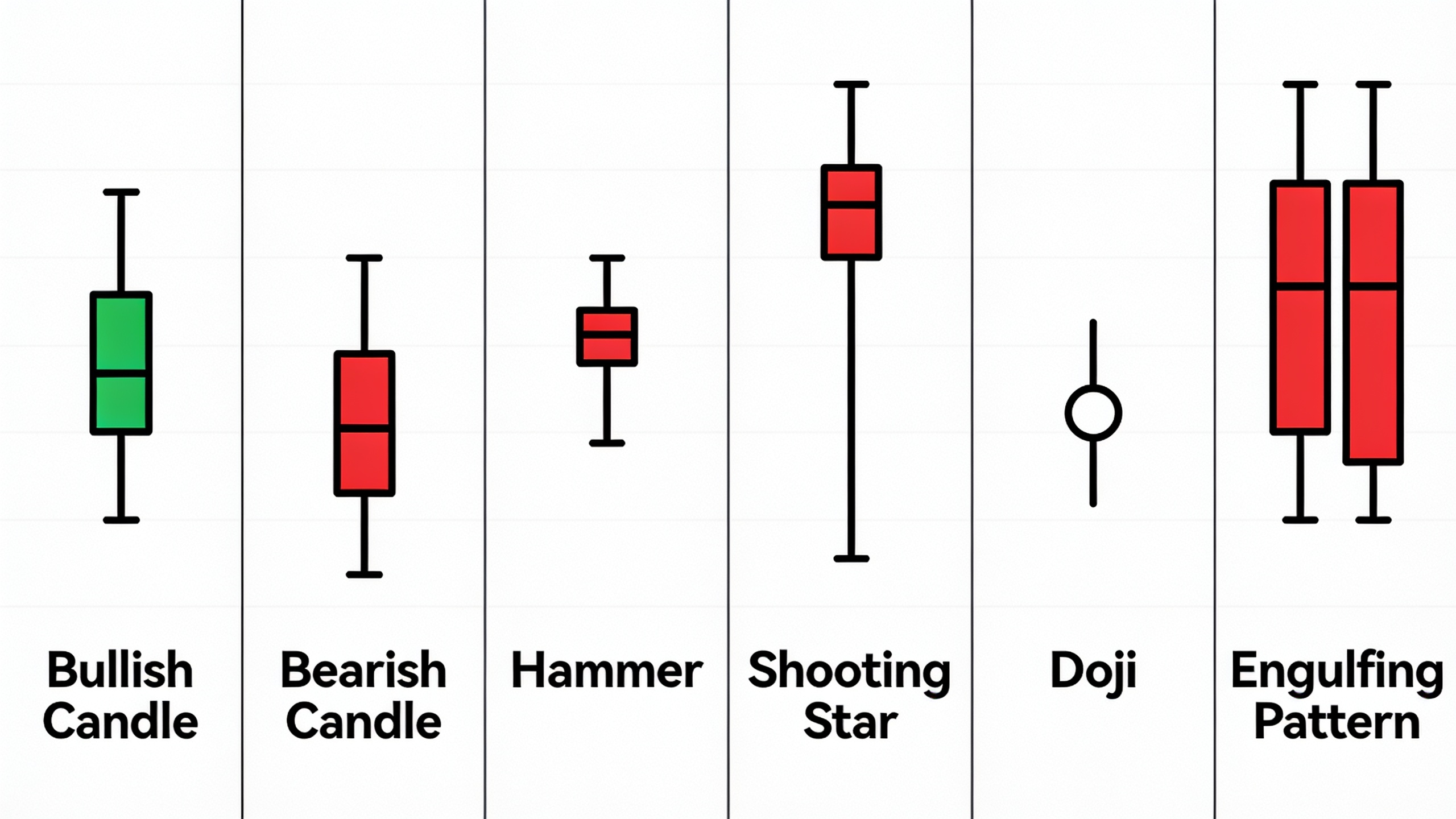Six types of candlestick patterns used in cryptocurrency technical analysis: bullish, bearish, hammer, shooting star, doji, and engulfing candles