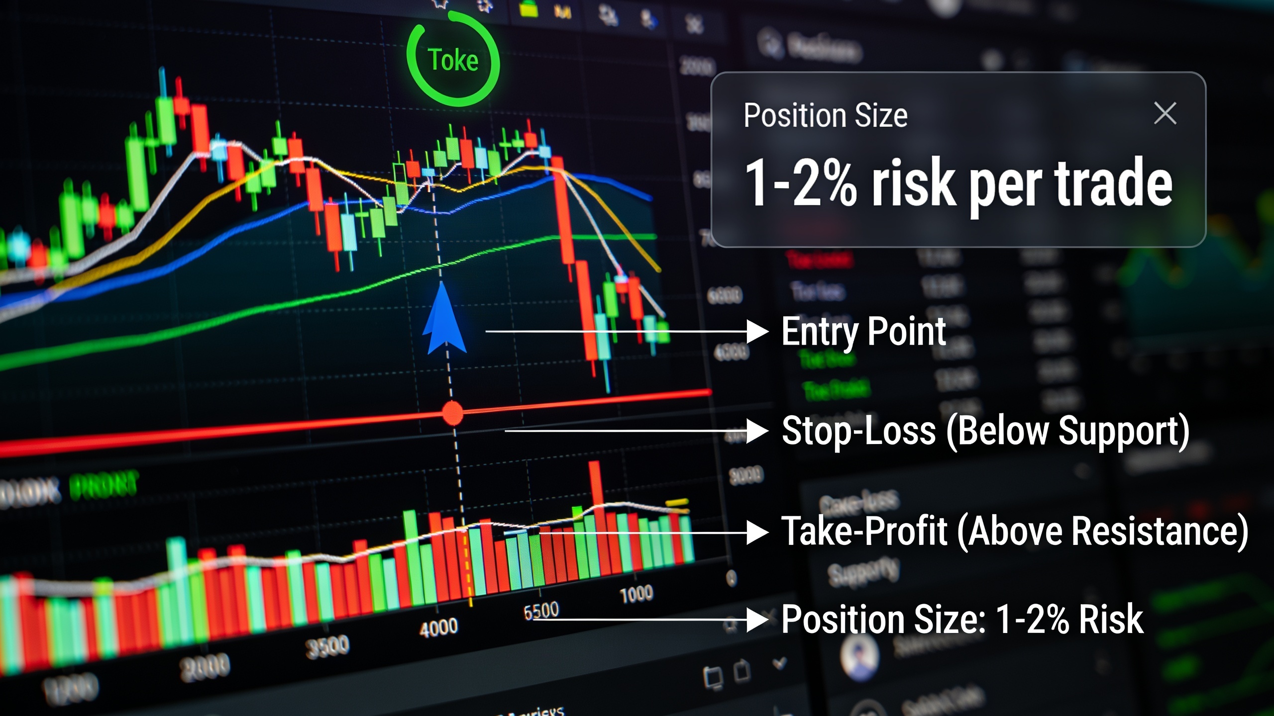 Cryptocurrency trading setup showing entry point, stop-loss below support, and take-profit target demonstrating proper risk management for a single trade