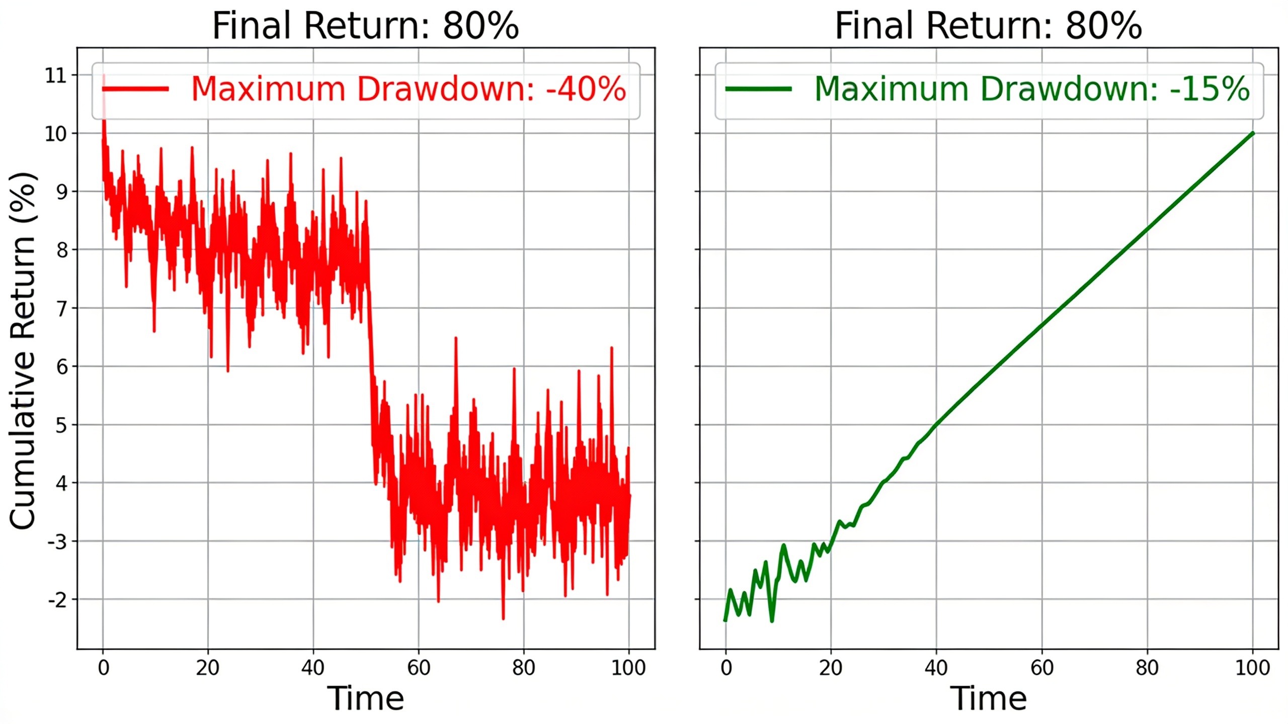 Comparison of trading bot performance showing high-volatility versus steady-return strategies with identical profits but different drawdowns