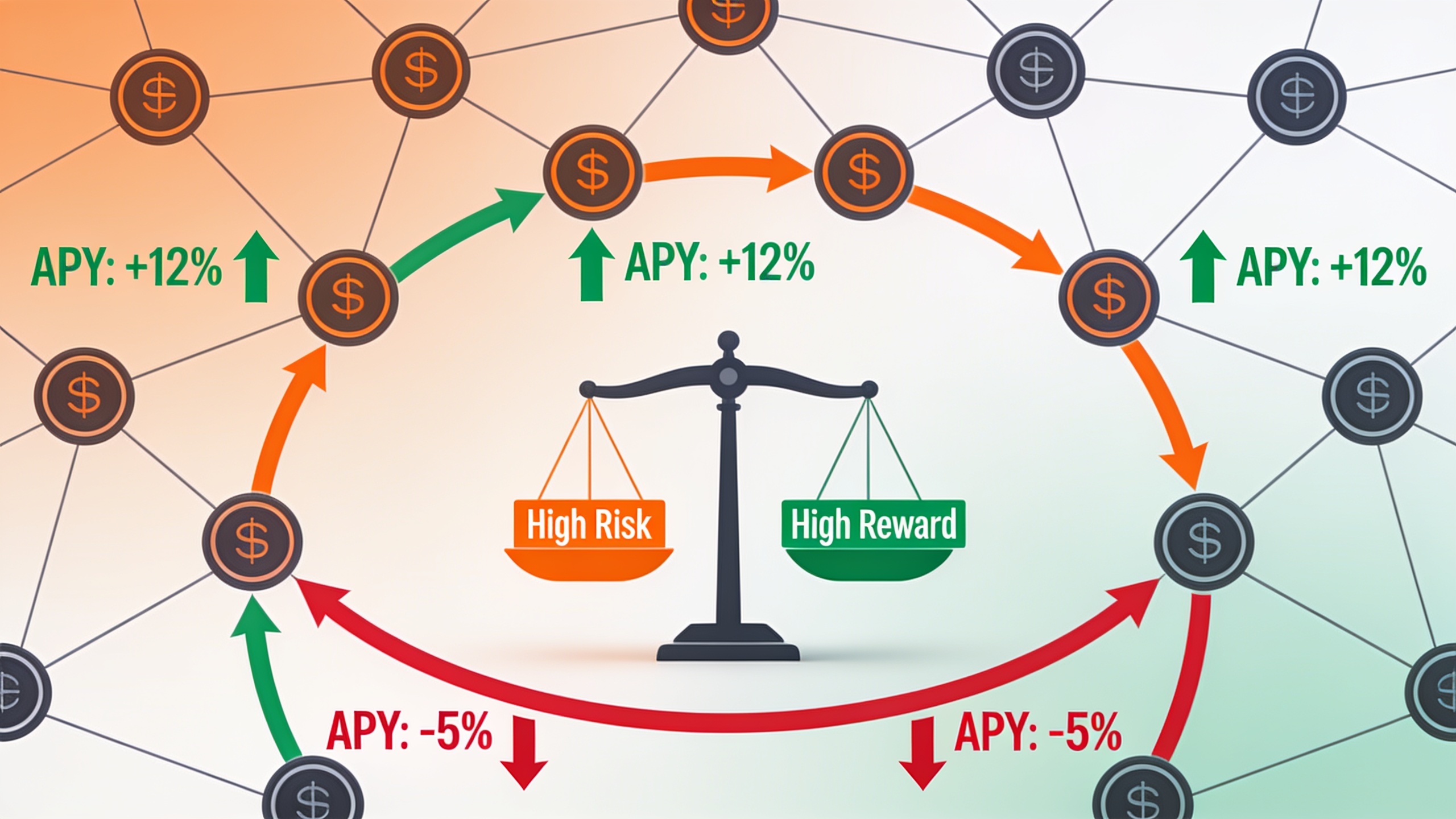 Yield farming strategy showing capital movement between multiple DeFi protocols and variable returns