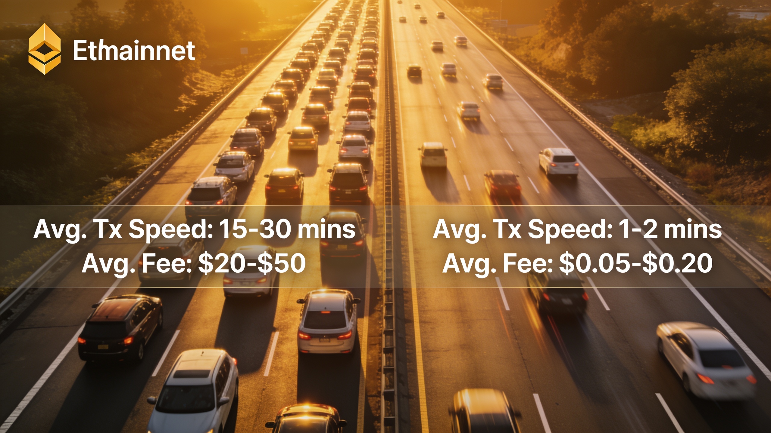 Comparison of Ethereum mainnet congestion versus Layer 2 express lanes showing transaction throughput and speed differences