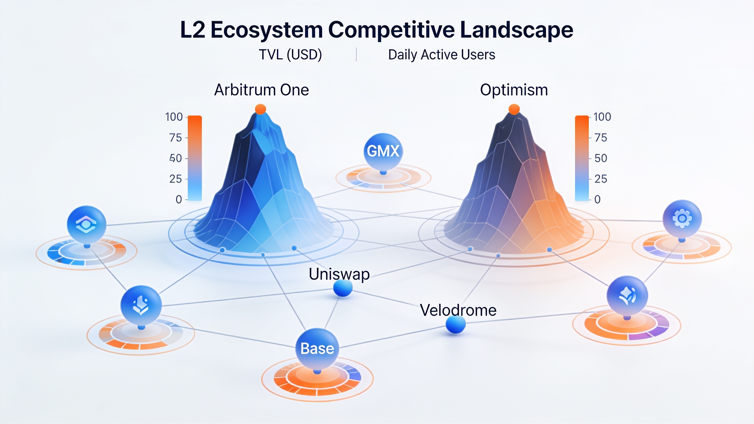 Ecosystem comparison map showing Arbitrum One and Optimism Layer 2 networks with their major DeFi projects and total value locked