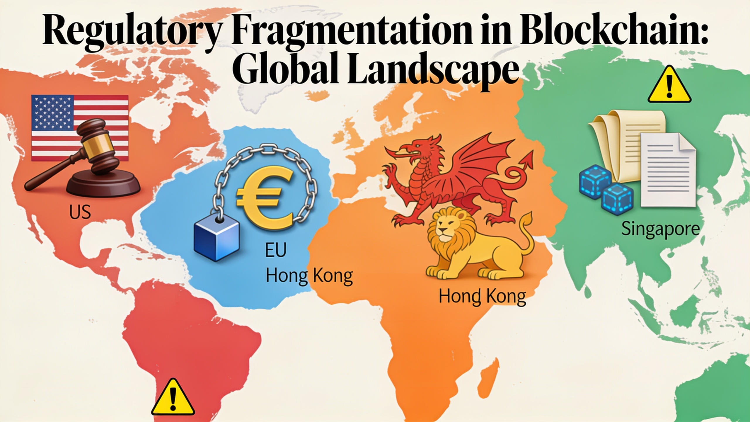 Global regulatory fragmentation map showing different blockchain and tokenization rules across major financial jurisdictions