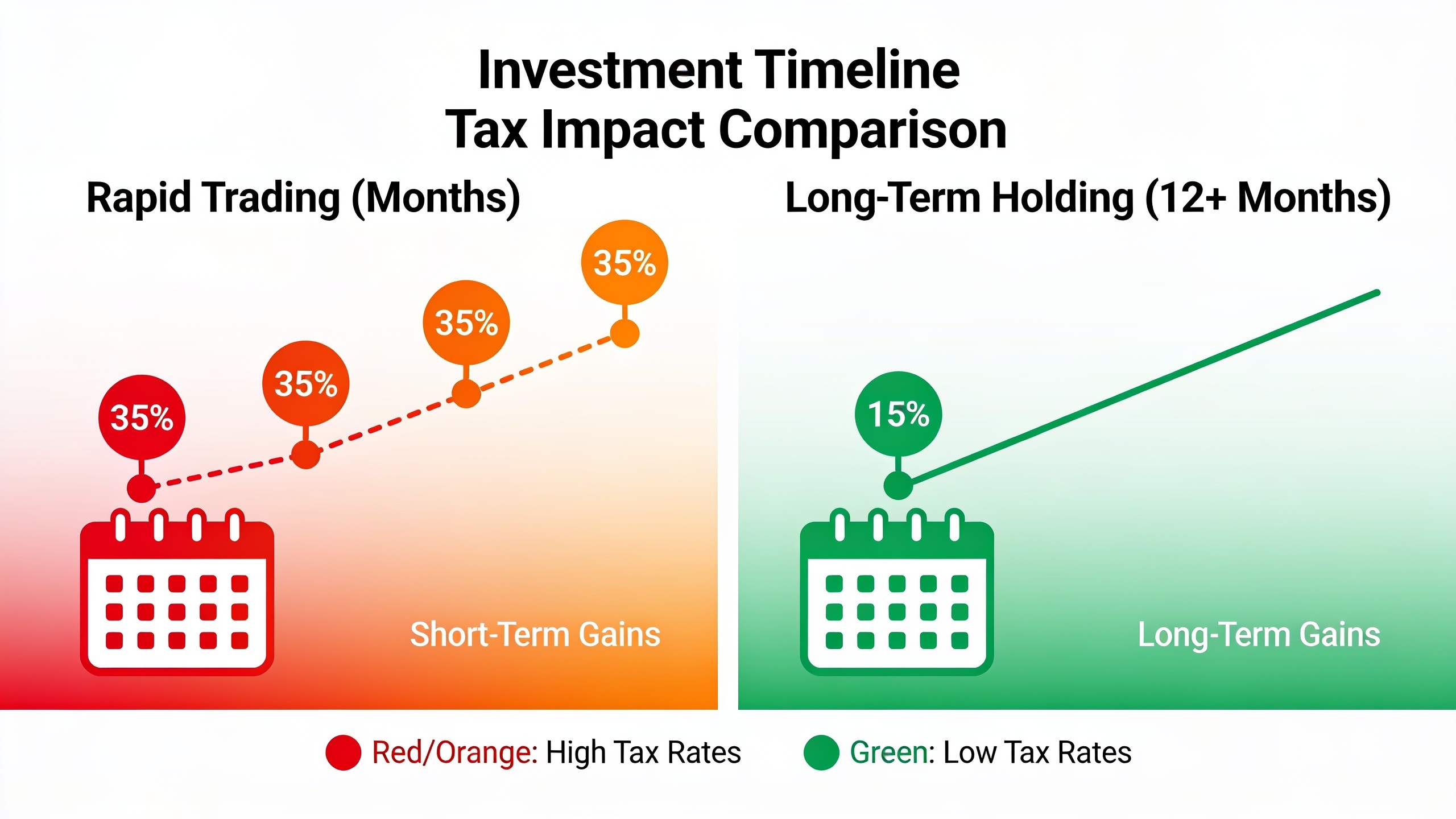 Short-term vs long-term capital gains comparison - active trading versus buy-and-hold investment tax rates