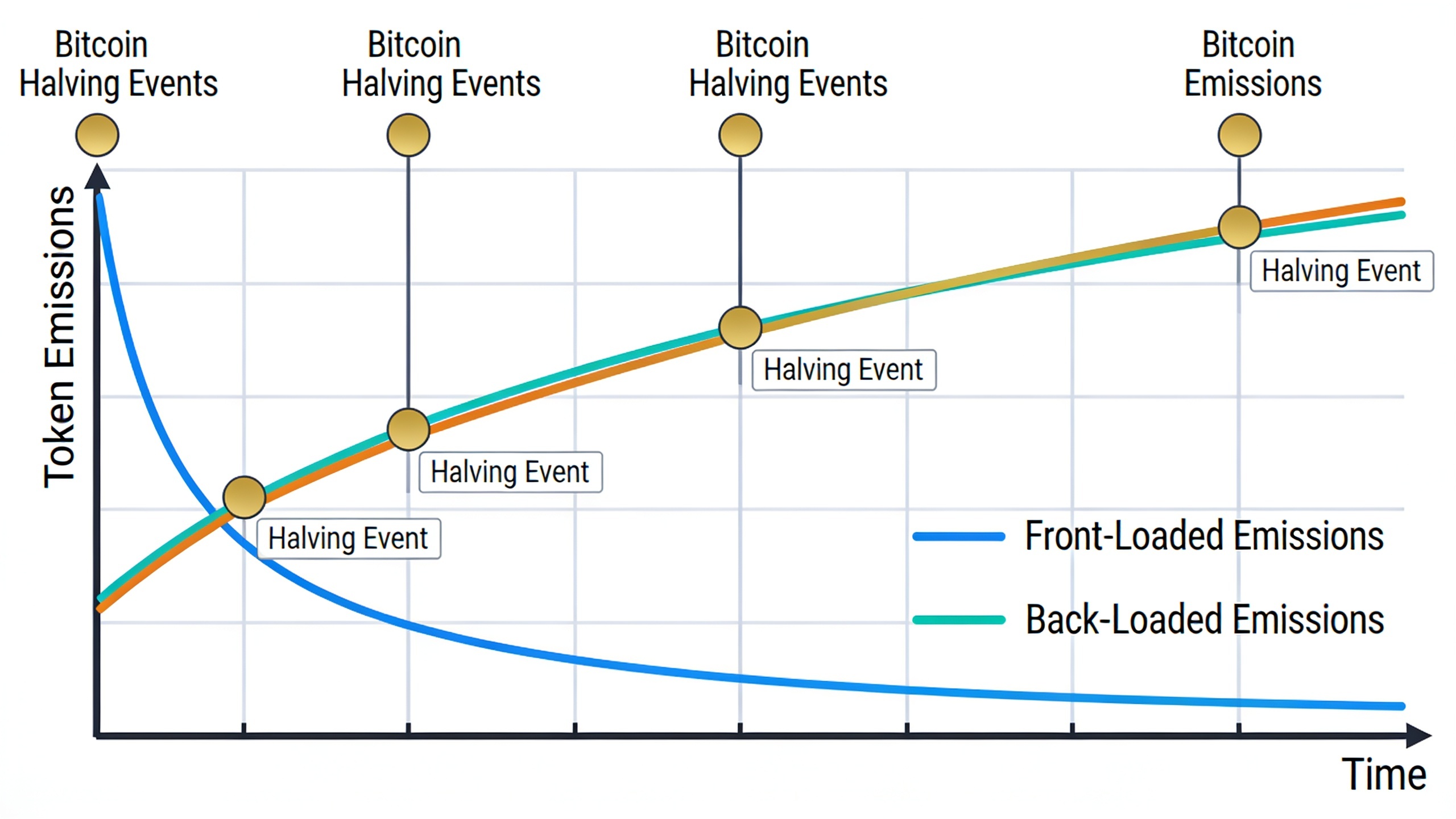 Comparison of front-loaded vs back-loaded token emission schedules and Bitcoin halving timeline